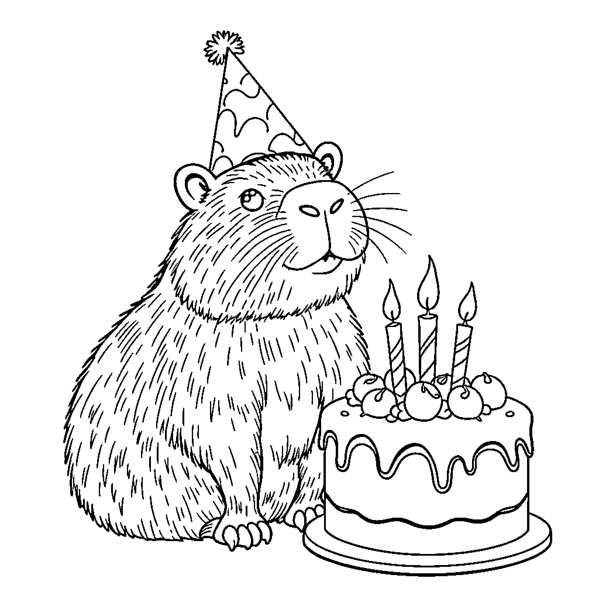 Capybara celebrates birthday with cake and candles Coloring Page (free black-and-white line drawing printable PDF for all, from beginners to advanced learners, including children, teens, adults, and seniors)