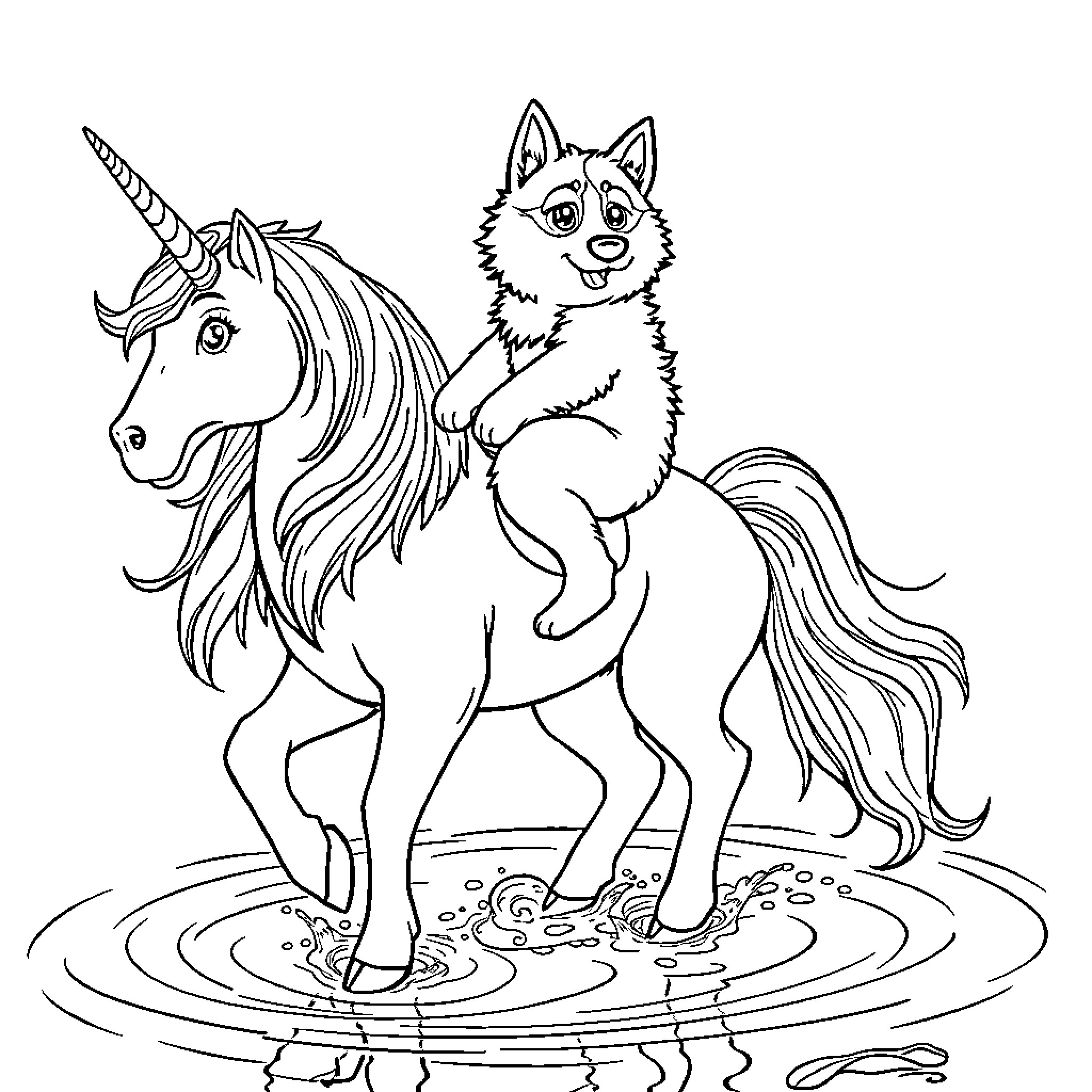 Husky riding a magical unicorn in a mystical pond Coloring Page (free black-and-white line drawing printable PDF for all, from beginners to advanced learners, including children, teens, adults, and seniors)