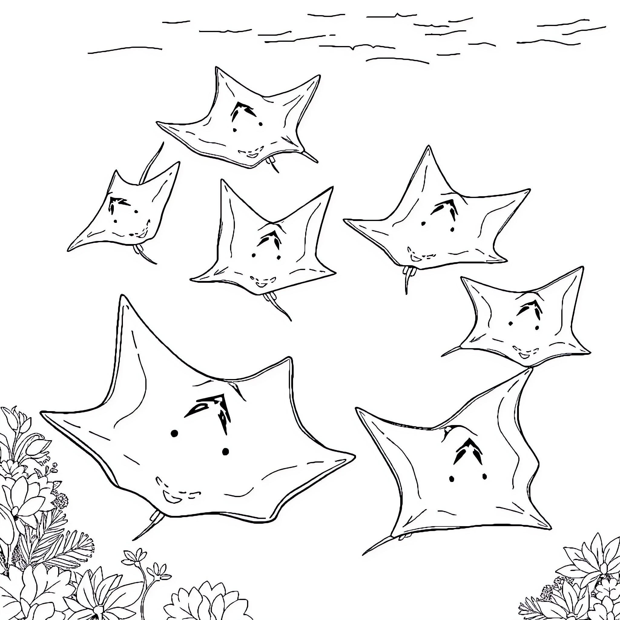Stingrays swimming gracefully through the sea Coloring Page (free black-and-white line drawing printable PDF for all, from beginners to advanced learners, including children, teens, adults, and seniors)