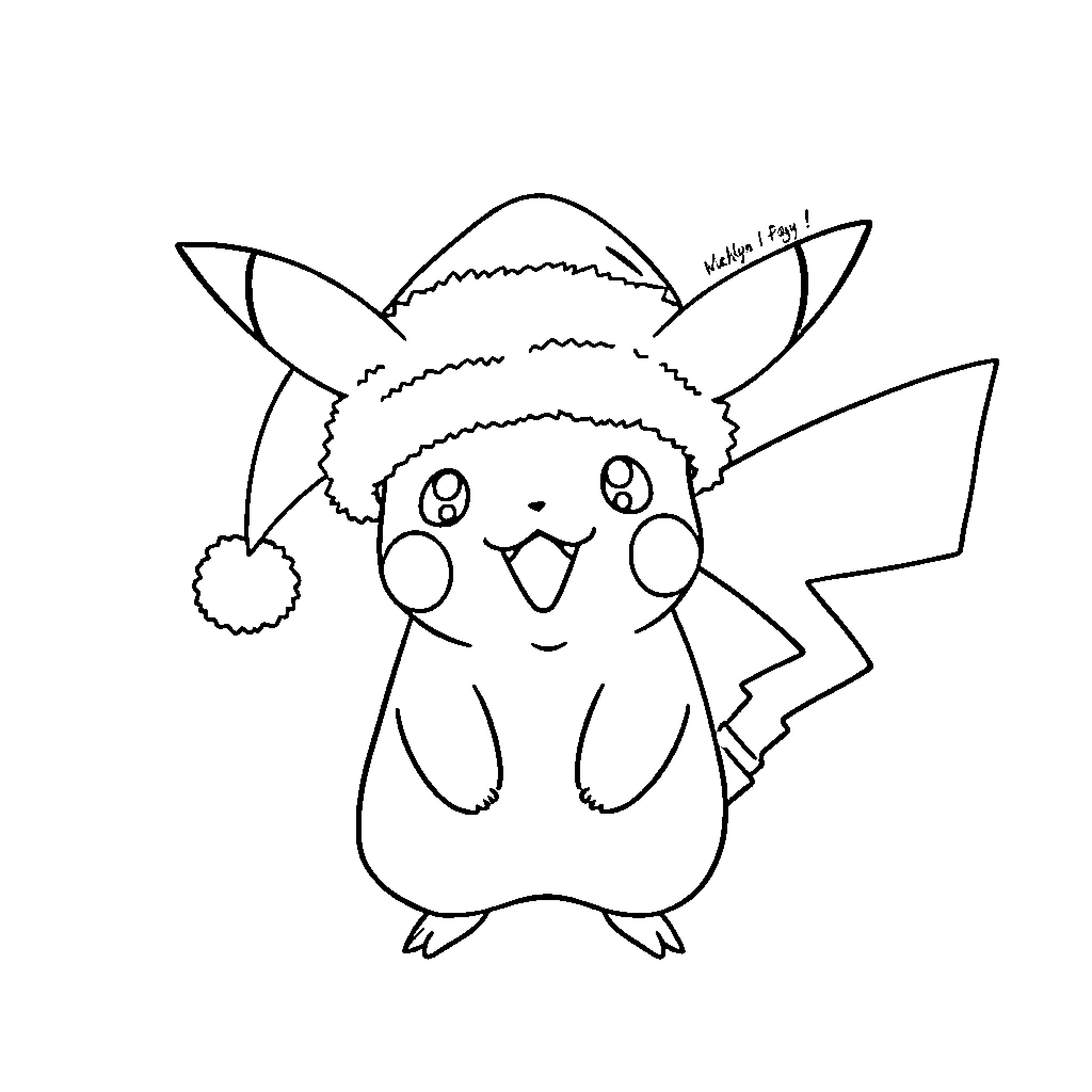 Pikachu wearing a Santa hat Coloring Page (free black-and-white line drawing printable PDF for all, from beginners to advanced learners, including children, teens, adults, and seniors)