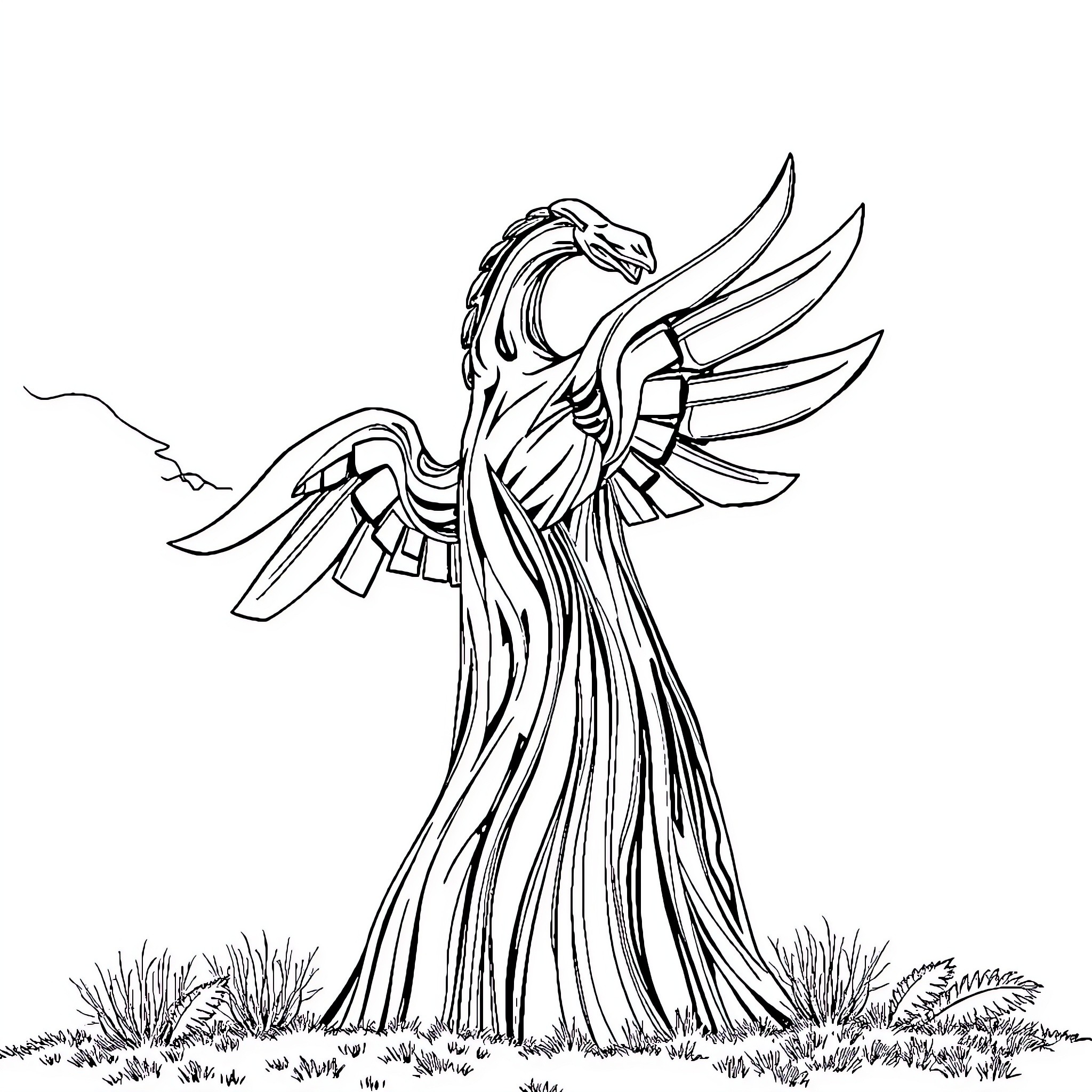 Metal Art of a Majestic Phoenix Rising Coloring Page (free black-and-white line drawing printable PDF for all, from beginners to advanced learners, including children, teens, adults, and seniors)