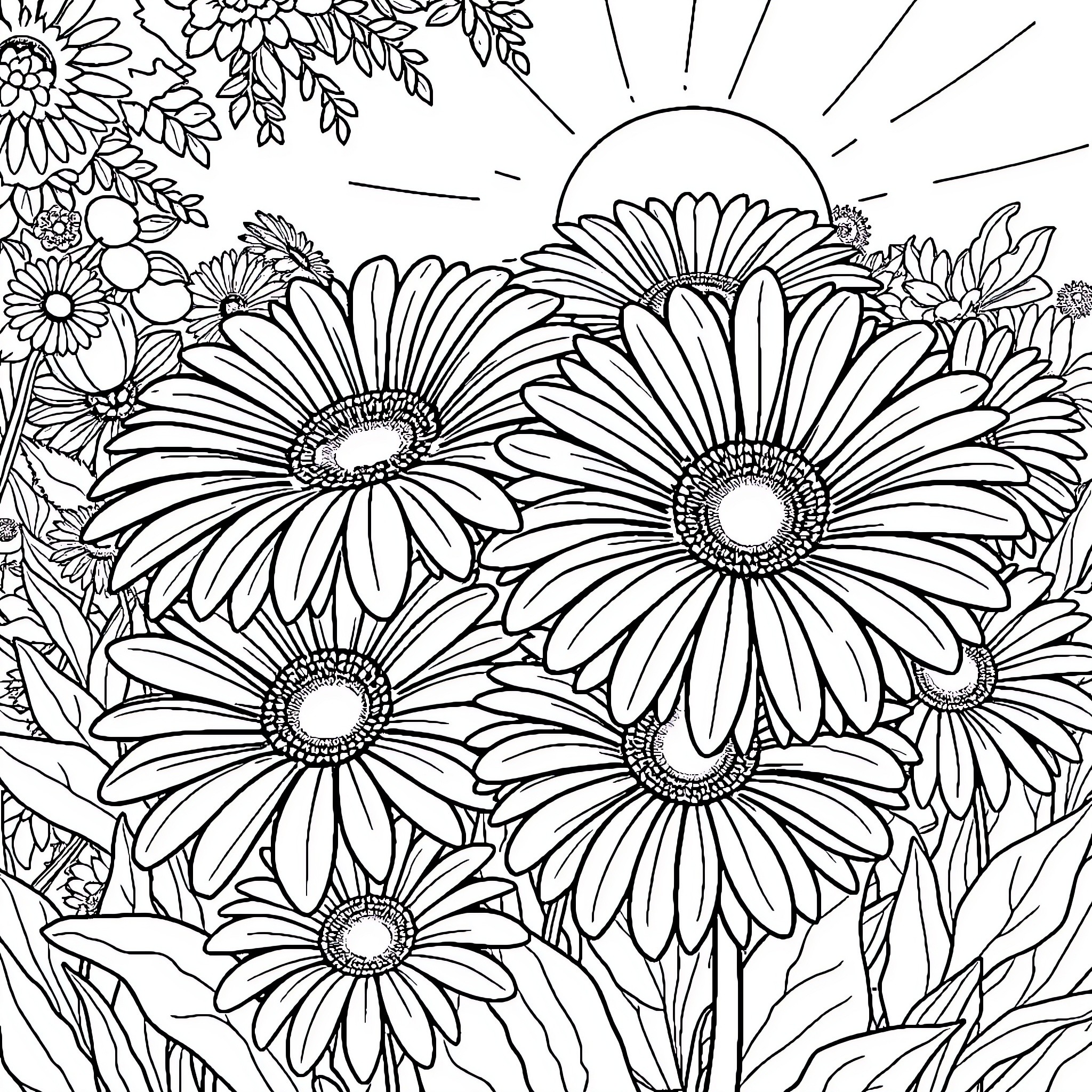 Gerbera Daisy Flowers Blooming in the Sunshine Coloring Page (free black-and-white line drawing printable PDF for all, from beginners to advanced learners, including children, teens, adults, and seniors)