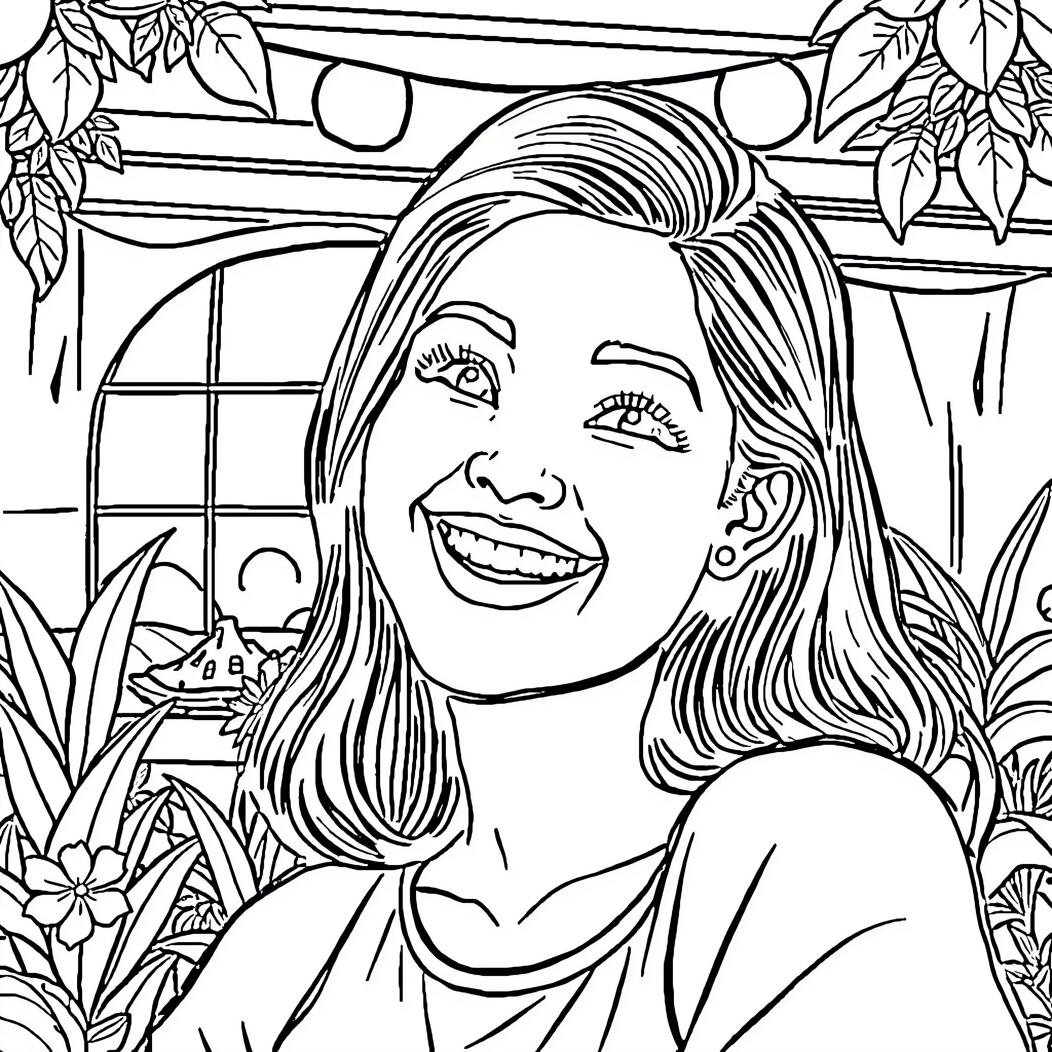 Karene Inda Smiling Joyfully in Lush Garden Surroundings Coloring Page (free black-and-white line drawing printable PDF for all, from beginners to advanced learners, including children, teens, adults, and seniors)