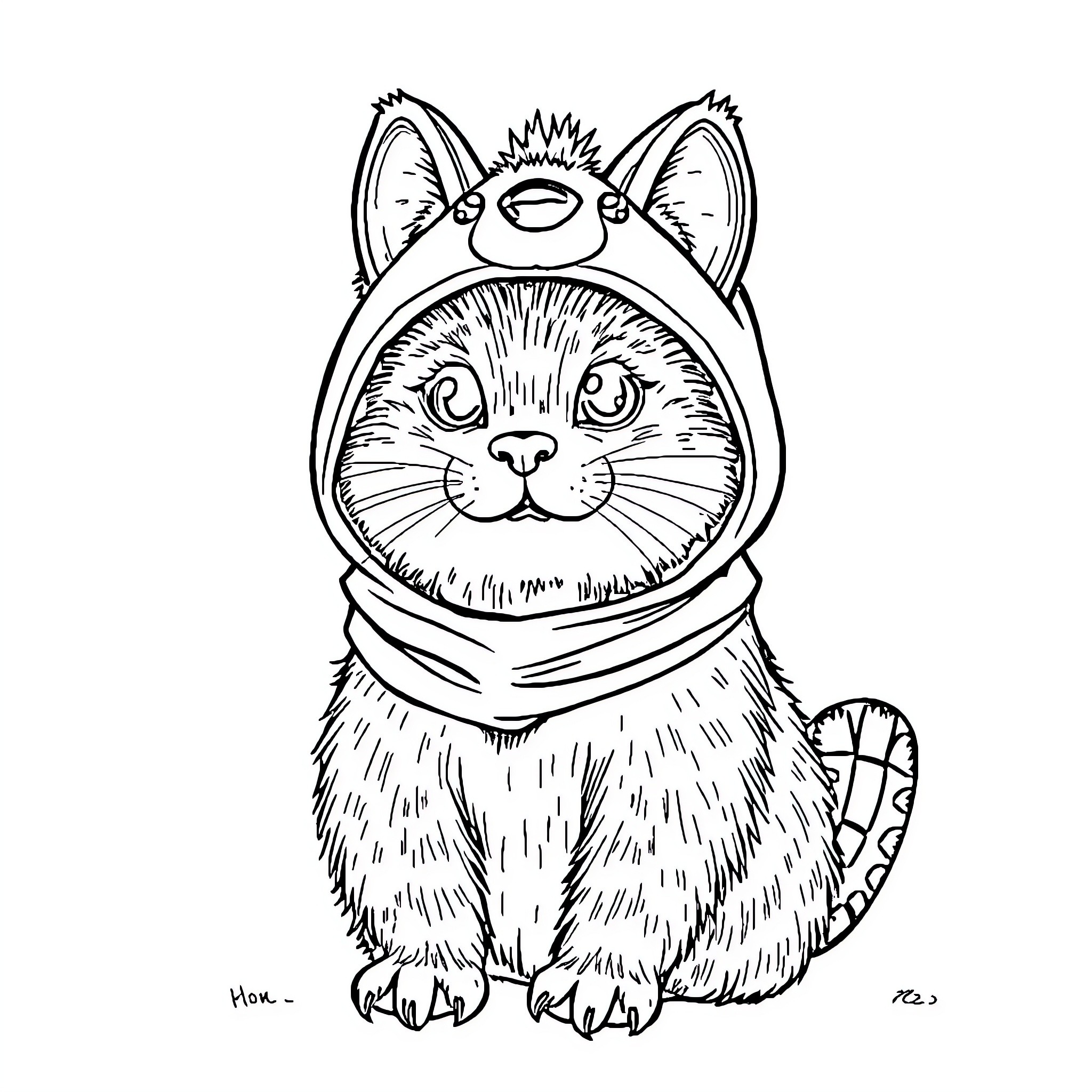 Cat in Astronaut Outfit Coloring Page (free black-and-white line drawing printable PDF for all, from beginners to advanced learners, including children, teens, adults, and seniors)