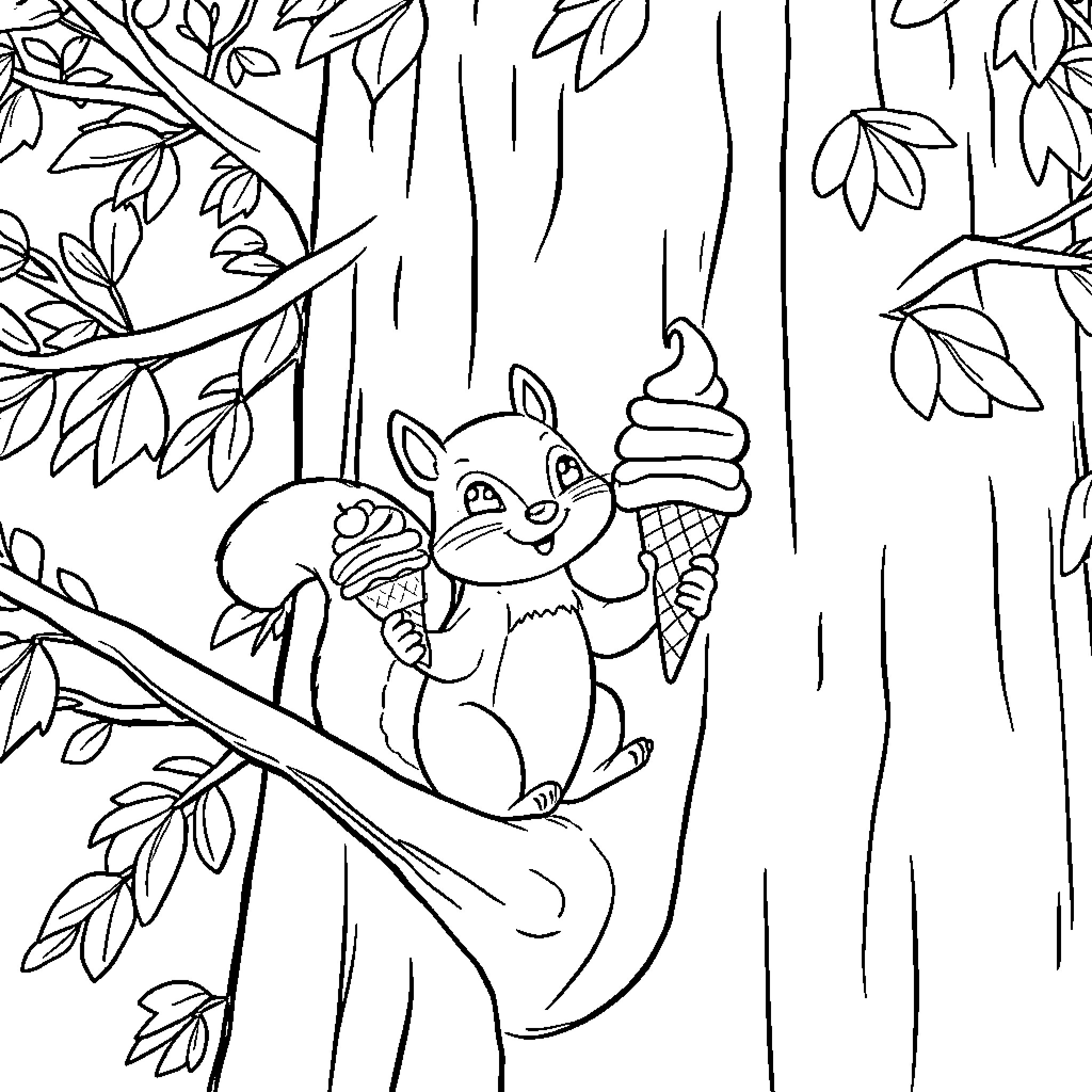 Squirrel enjoying ice cream in the forest Coloring Page (free black-and-white line drawing printable PDF for all, from beginners to advanced learners, including children, teens, adults, and seniors)