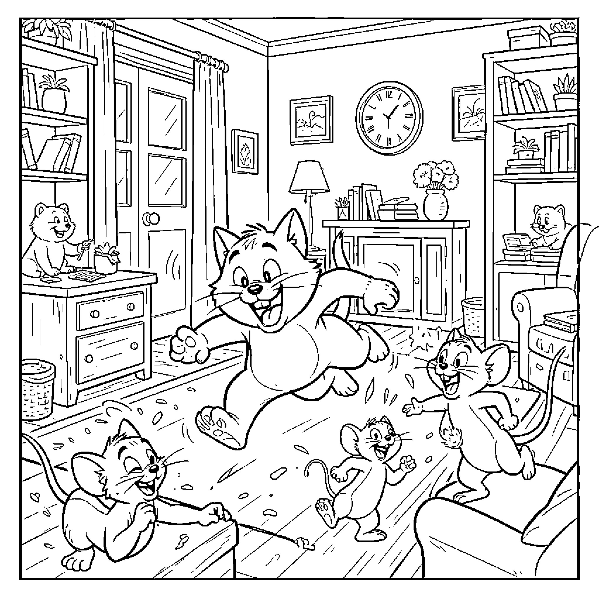 Tom and Jerry chasing each other around the living room Coloring Page (free black-and-white line drawing printable PDF for all, from beginners to advanced learners, including children, teens, adults, and seniors)