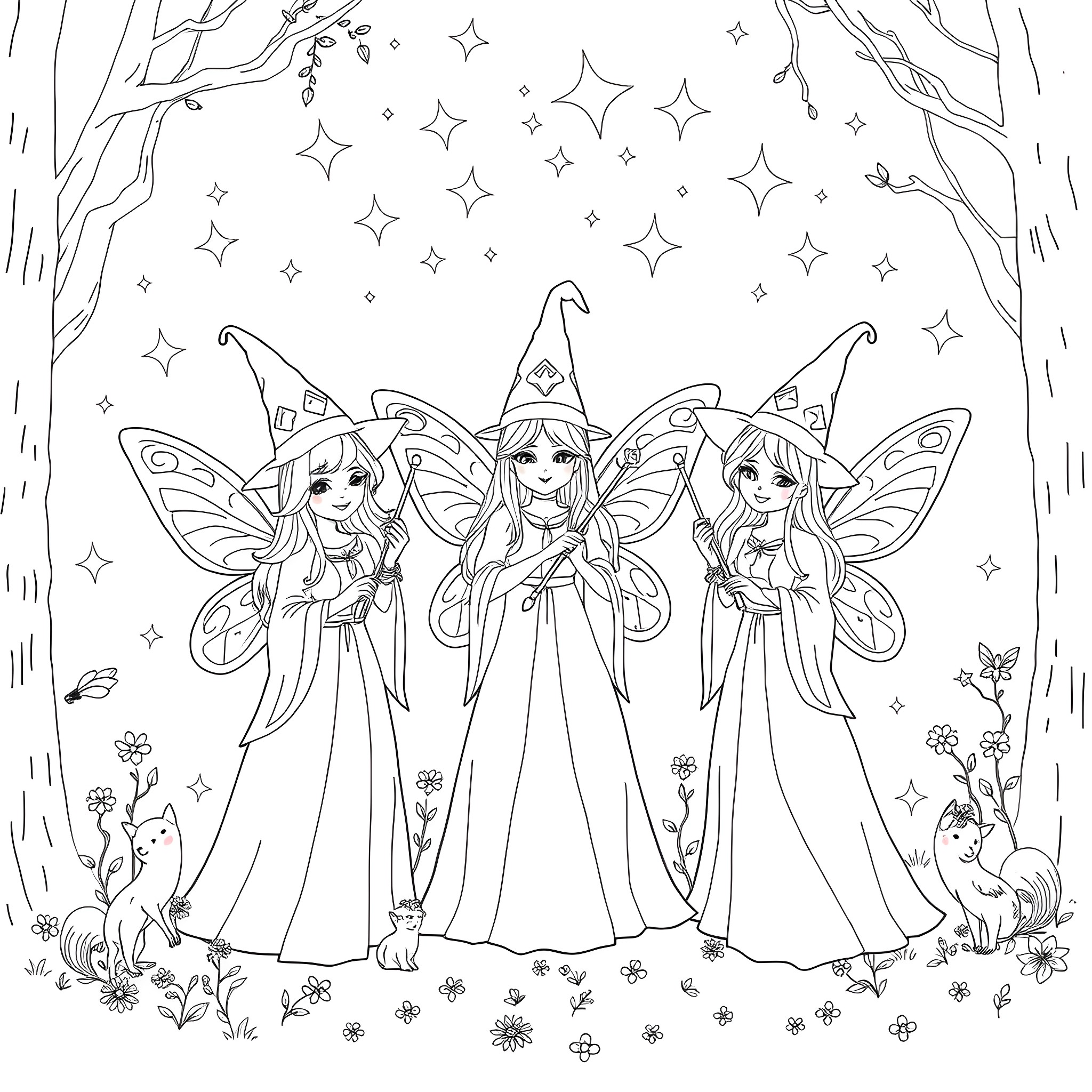 Fairy Godmother and her magical fairy companions Coloring Page (free black-and-white line drawing printable PDF for all, from beginners to advanced learners, including children, teens, adults, and seniors)