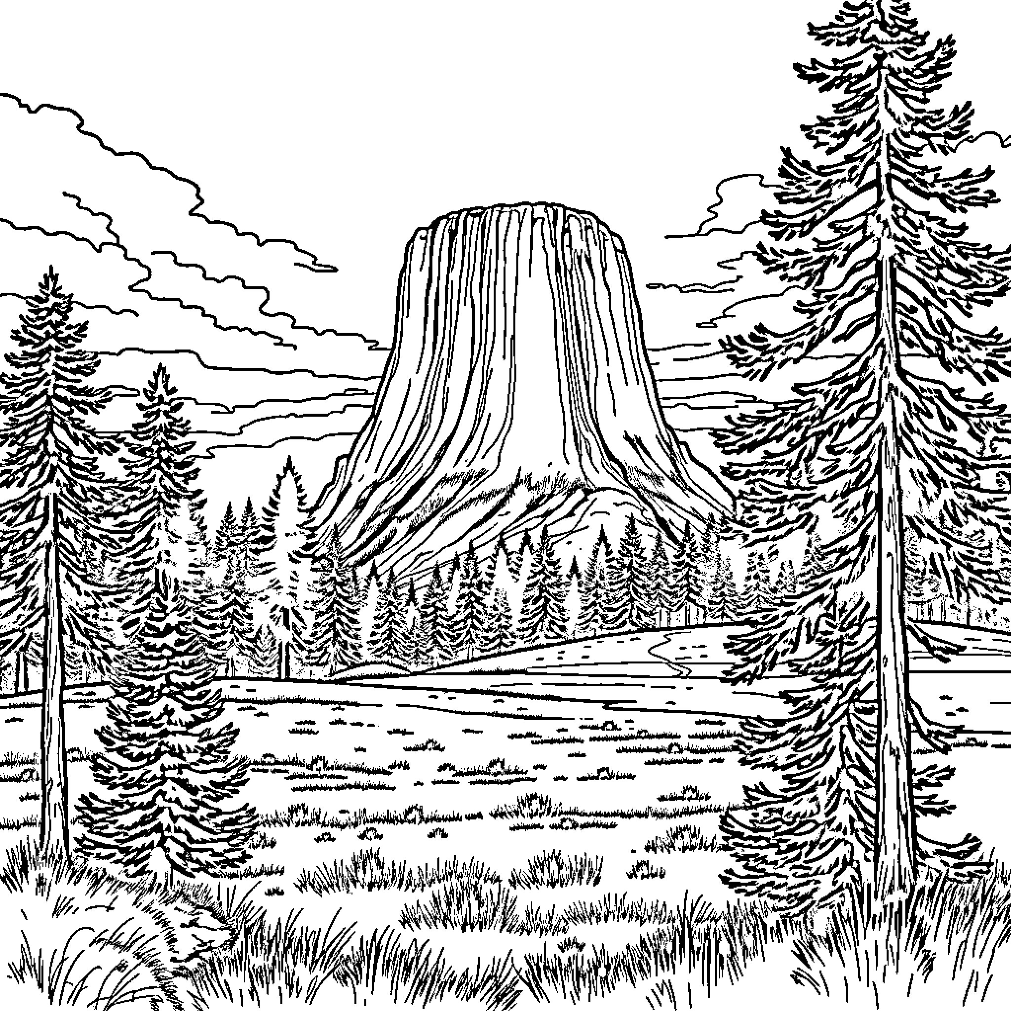 Devil's Tower Looming Over the Serene Wilderness Coloring Page (free black-and-white line drawing printable PDF for all, from beginners to advanced learners, including children, teens, adults, and seniors)