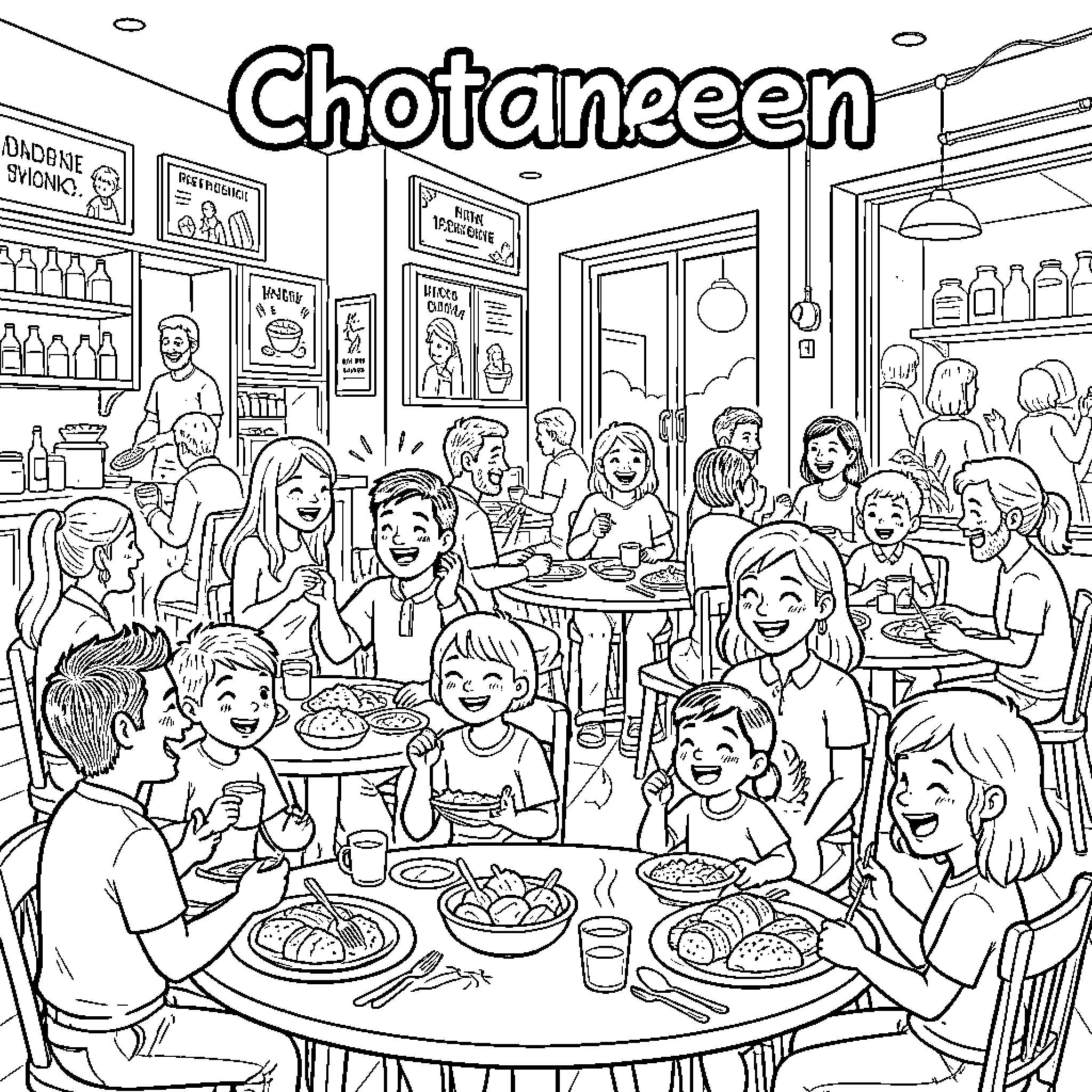 Chotaneen happy group of people eating at a restaurant Coloring Page (free black-and-white line drawing printable PDF for all, from beginners to advanced learners, including children, teens, adults, and seniors)