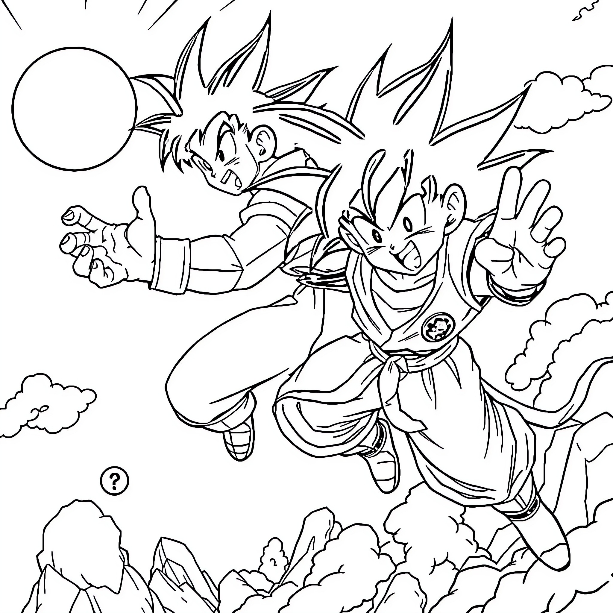 Dragon Ball Characters in Dynamic Fighting Poses Coloring Page (free black-and-white line drawing printable PDF for all, from beginners to advanced learners, including children, teens, adults, and seniors)