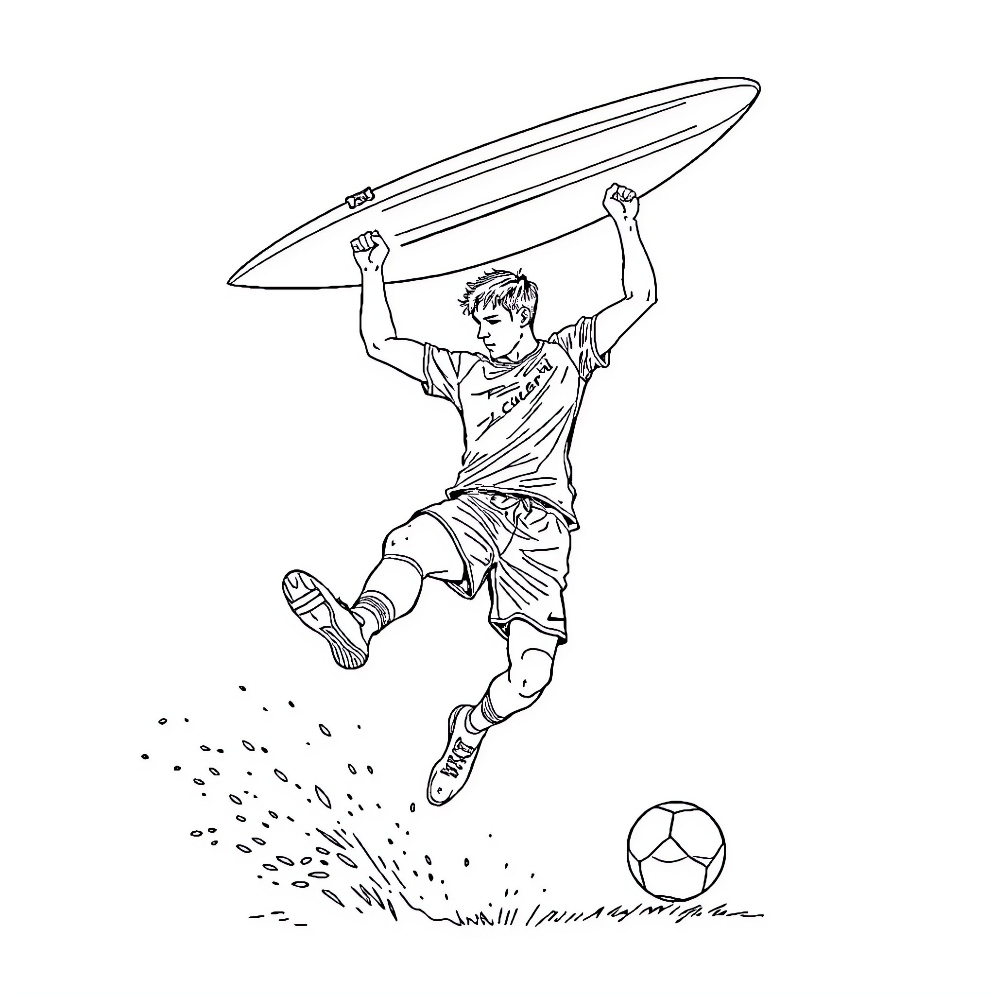 Footballeur celebrating victory with surfboard Coloring Page (free black-and-white line drawing printable PDF for all, from beginners to advanced learners, including children, teens, adults, and seniors)