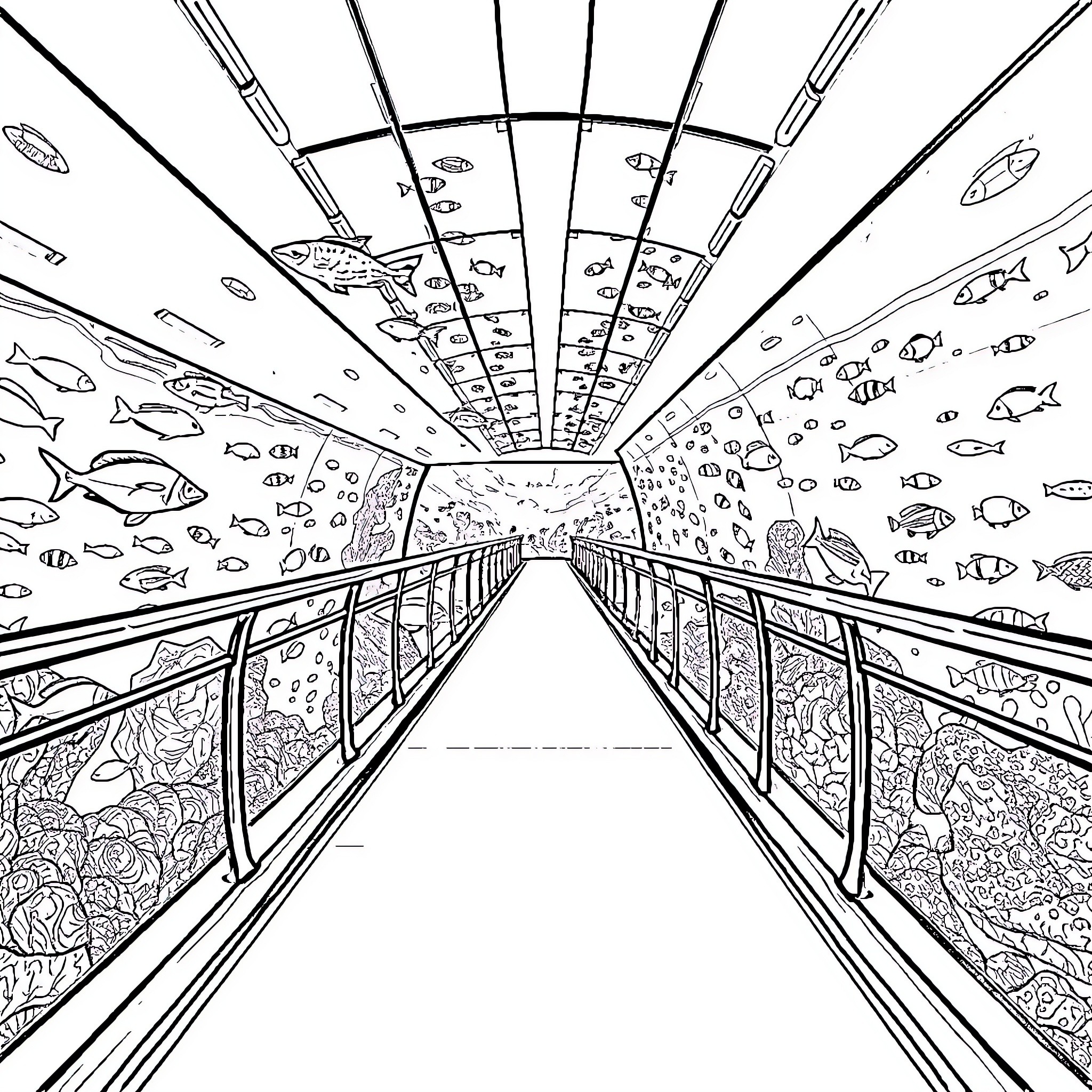 Catwalk through an Underwater Tunnel Coloring Page (free black-and-white line drawing printable PDF for all, from beginners to advanced learners, including children, teens, adults, and seniors)