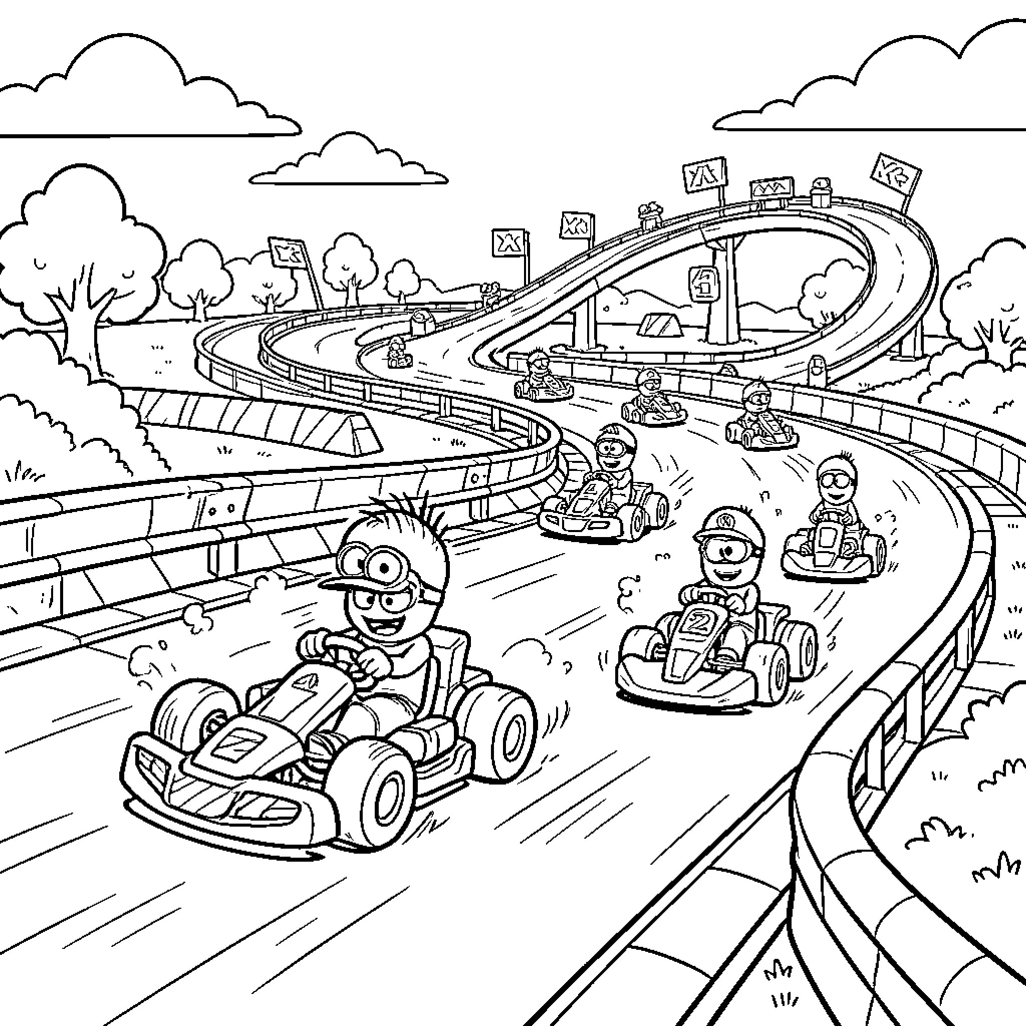 Minions racing go-karts on a winding track Coloring Page (free black-and-white line drawing printable PDF for all, from beginners to advanced learners, including children, teens, adults, and seniors)