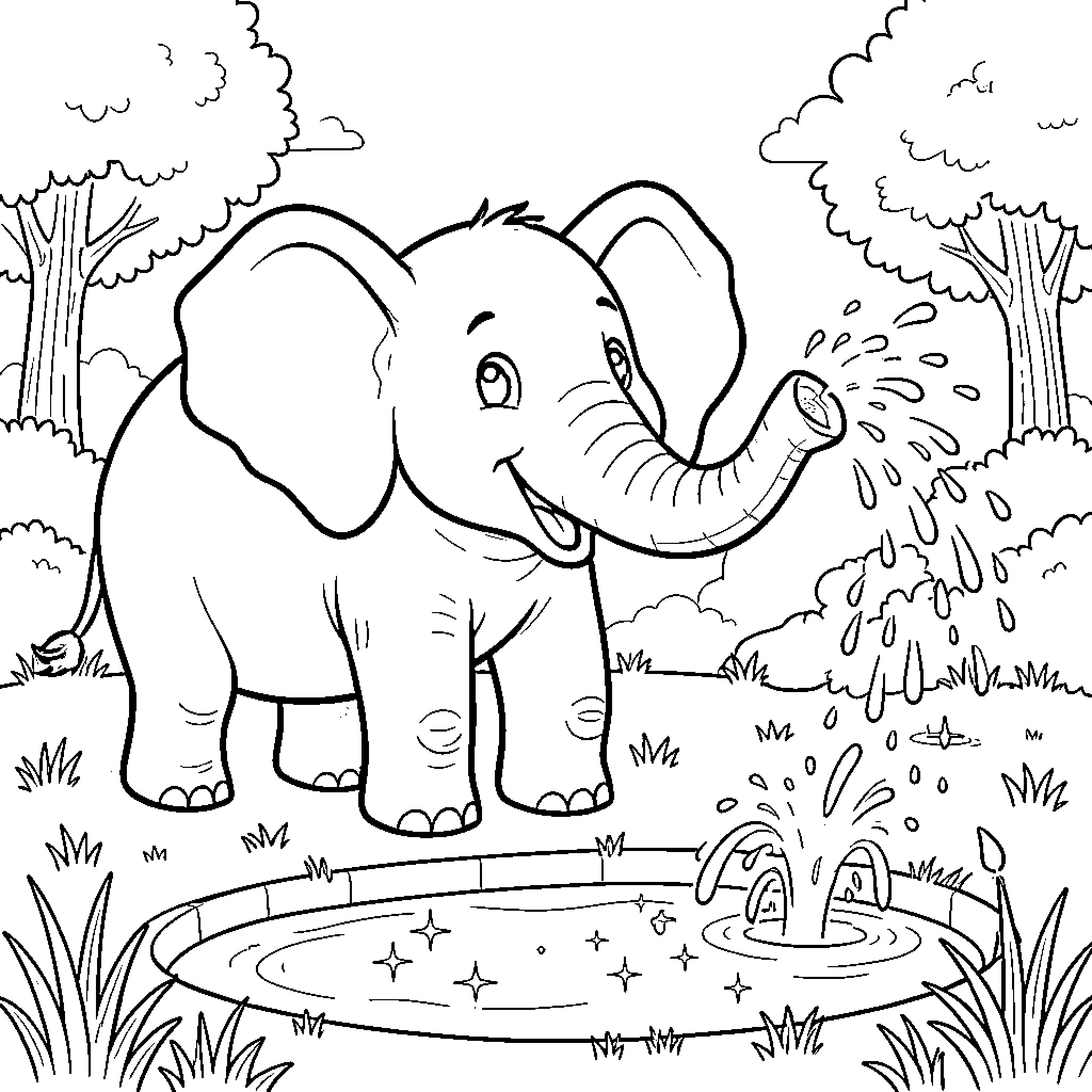 Elephant splashing in a pond Coloring Page (free black-and-white line drawing printable PDF for all, from beginners to advanced learners, including children, teens, adults, and seniors)