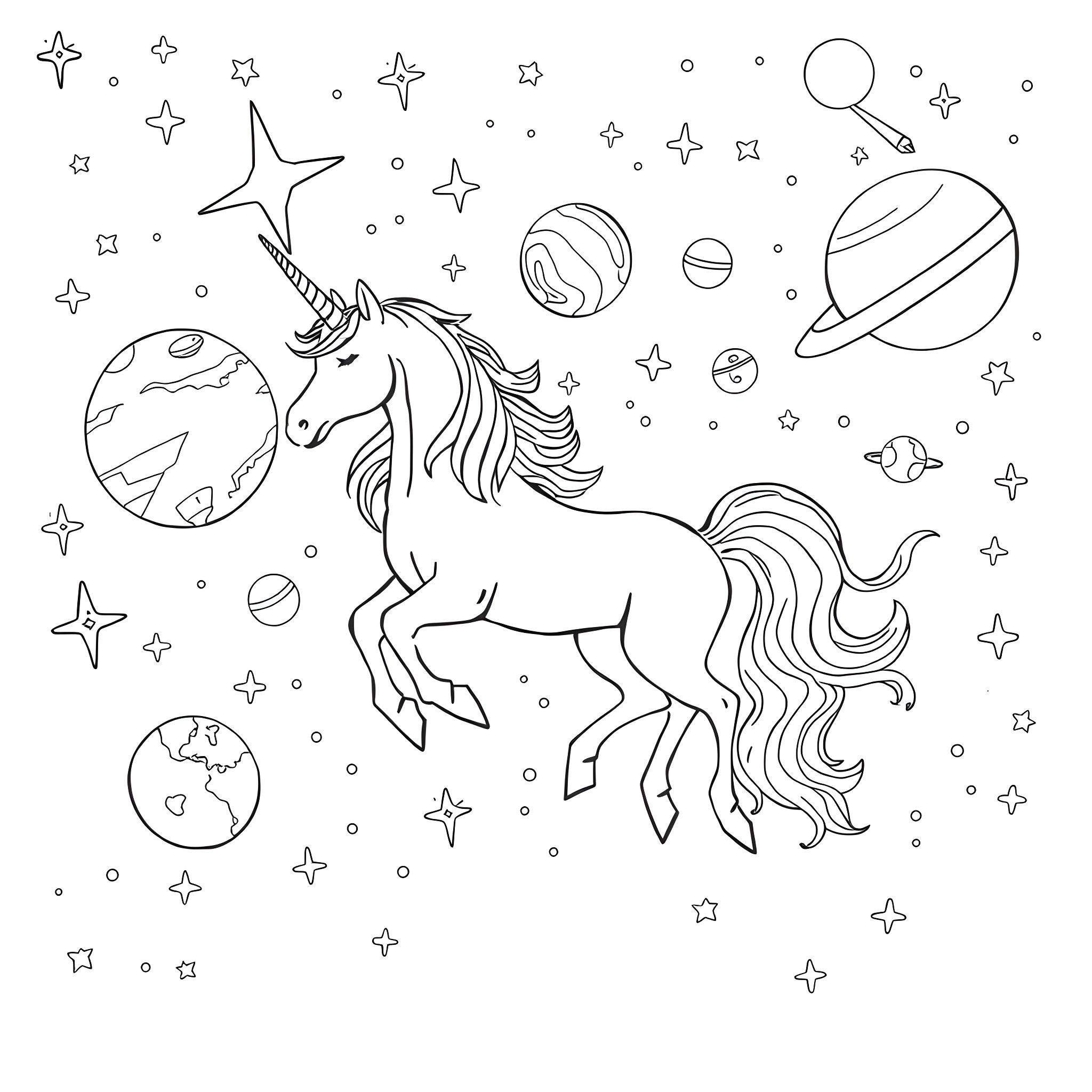 Unicorn galloping through a cosmic landscape Coloring Page (free black-and-white line drawing printable PDF for all, from beginners to advanced learners, including children, teens, adults, and seniors)