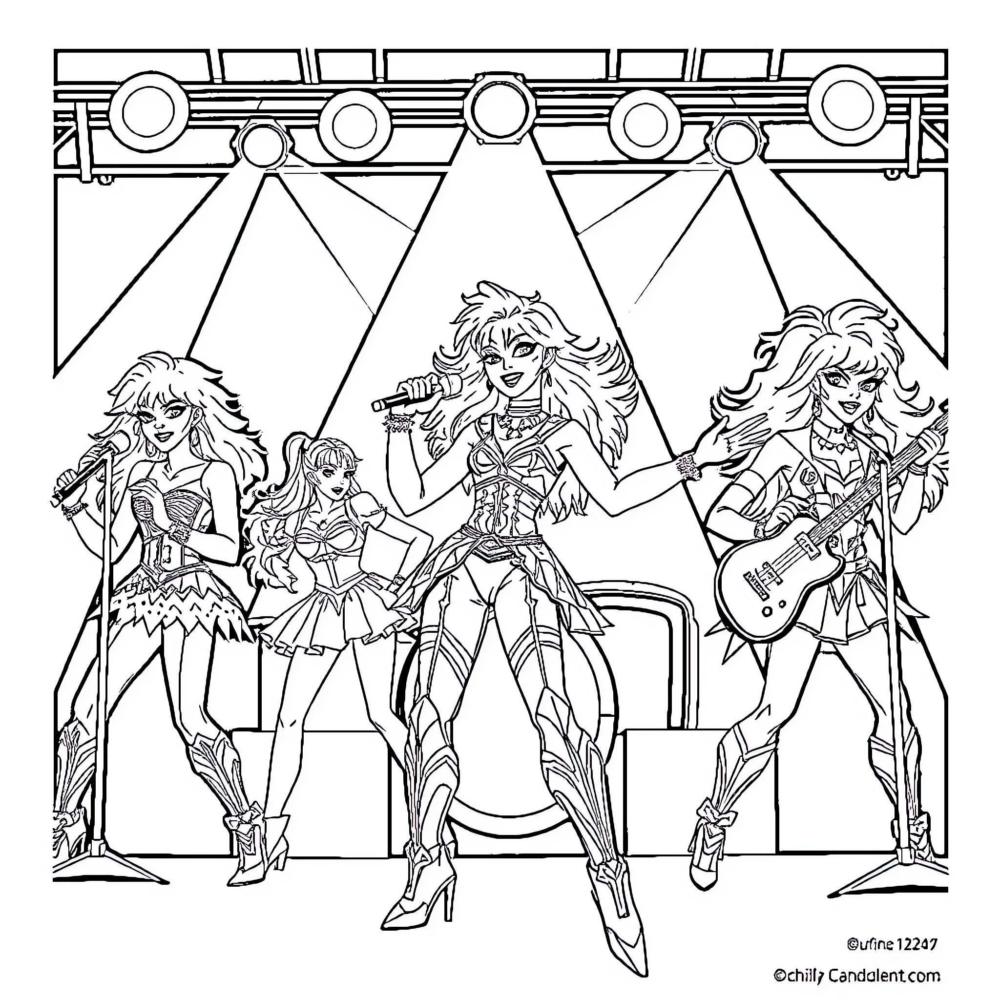 Gem Performers Rocking the Stage Coloring Page (free black-and-white line drawing printable PDF for all, from beginners to advanced learners, including children, teens, adults, and seniors)