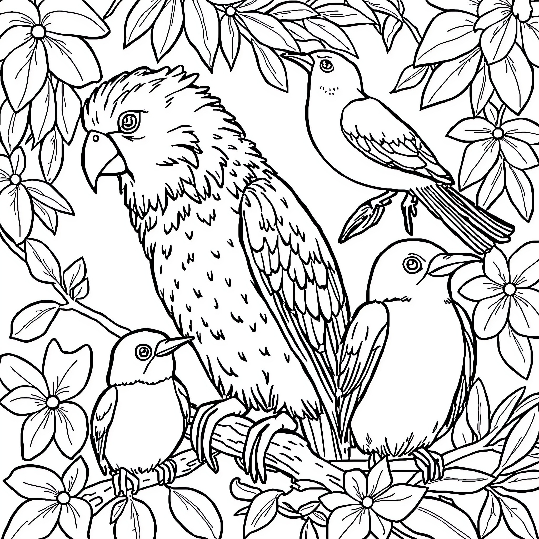 Animals in a Floral Garden Coloring Page (free black-and-white line drawing printable PDF for all, from beginners to advanced learners, including children, teens, adults, and seniors)
