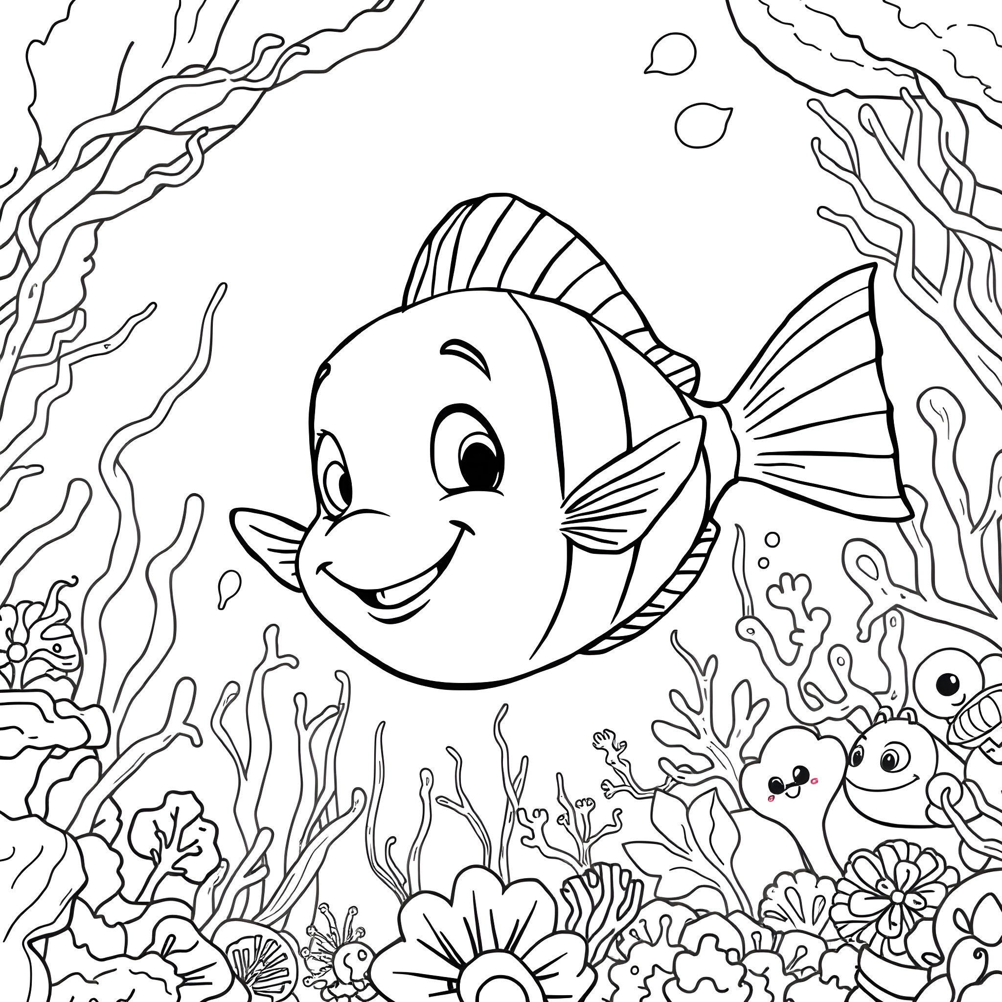 Flounder swimming amongst vibrant coral reef Coloring Page (free black-and-white line drawing printable PDF for all, from beginners to advanced learners, including children, teens, adults, and seniors)