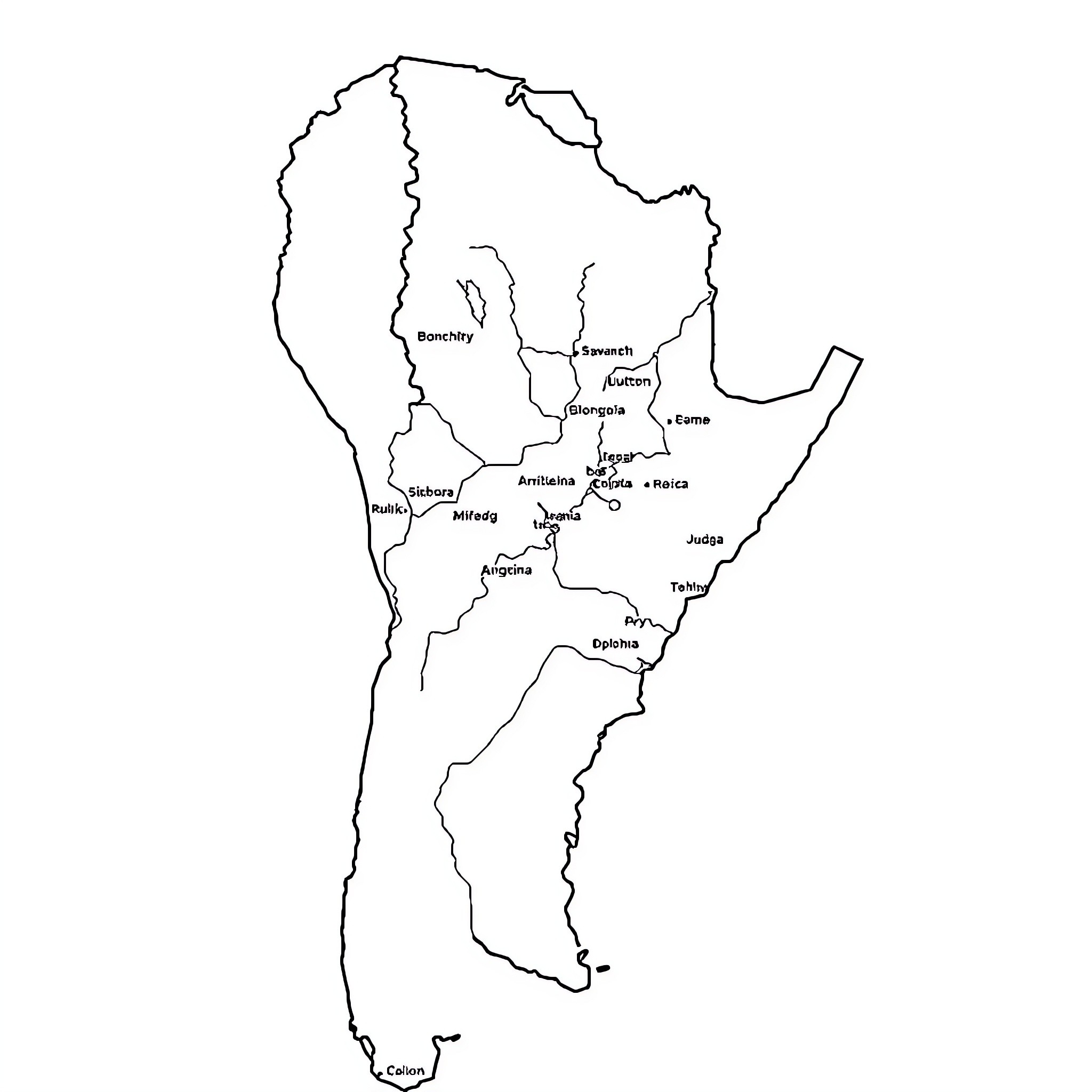 Map of South American countries and borders Coloring Page (free black-and-white line drawing printable PDF for all, from beginners to advanced learners, including children, teens, adults, and seniors)
