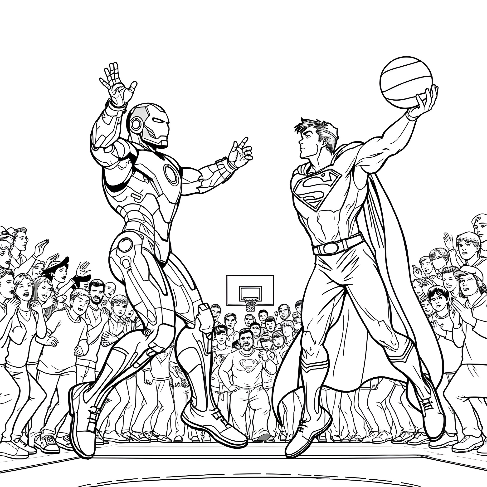 Ironman and Superman in superhero basketball game Coloring Page (free black-and-white line drawing printable PDF for all, from beginners to advanced learners, including children, teens, adults, and seniors)