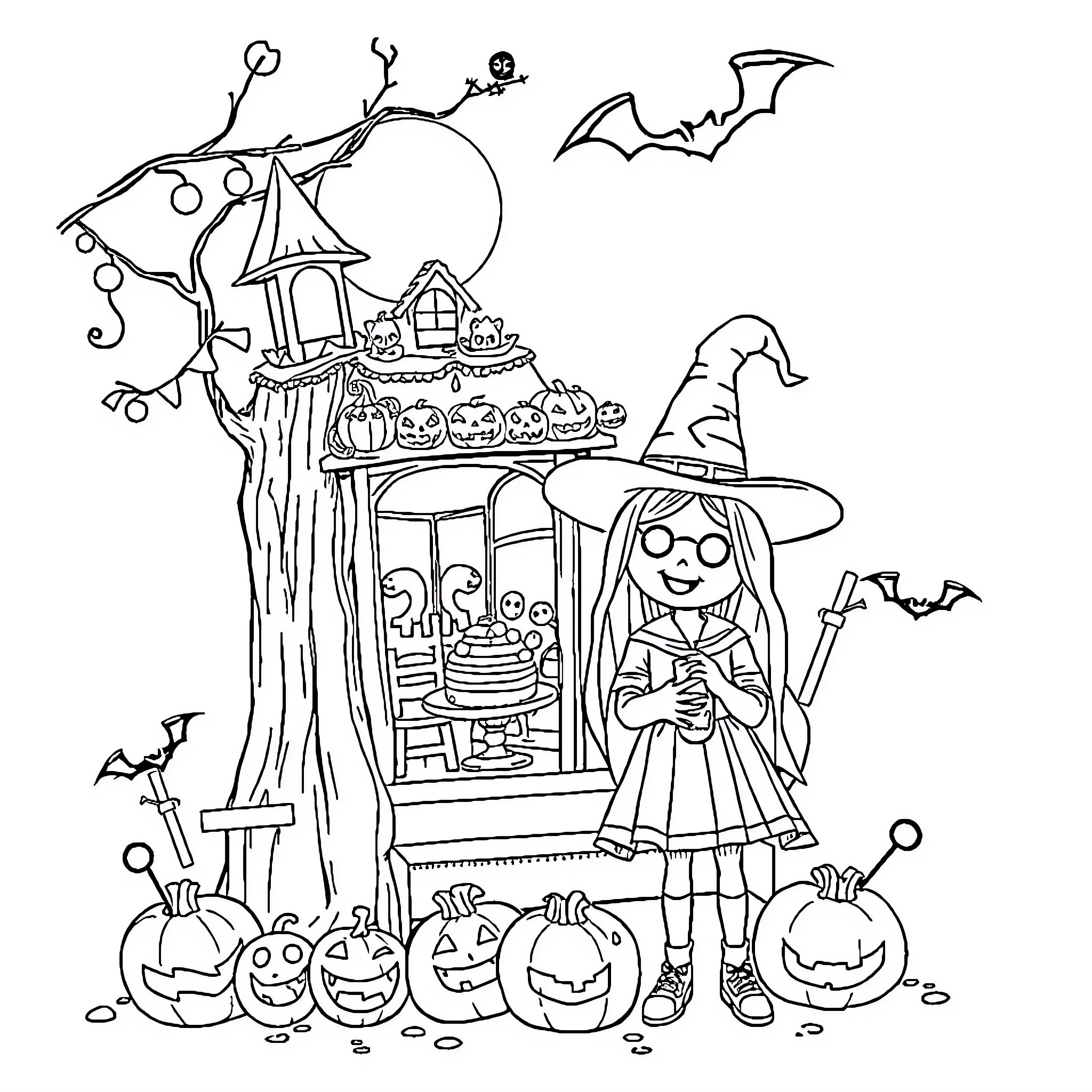 Bluey's Spooky Halloween Adventure Coloring Page (free black-and-white line drawing printable PDF for all, from beginners to advanced learners, including children, teens, adults, and seniors)
