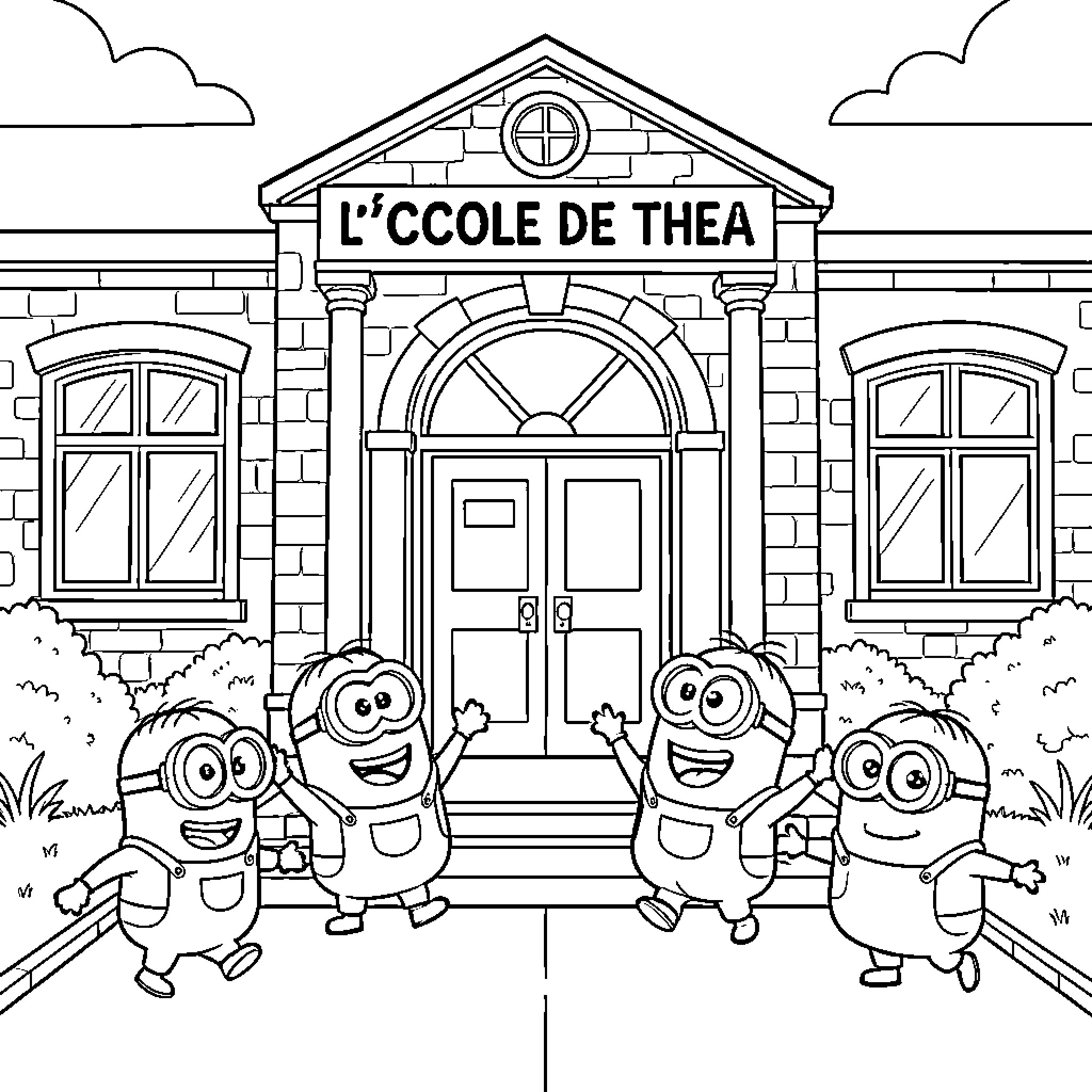Minions happily running towards a school building Coloring Page (free black-and-white line drawing printable PDF for all, from beginners to advanced learners, including children, teens, adults, and seniors)