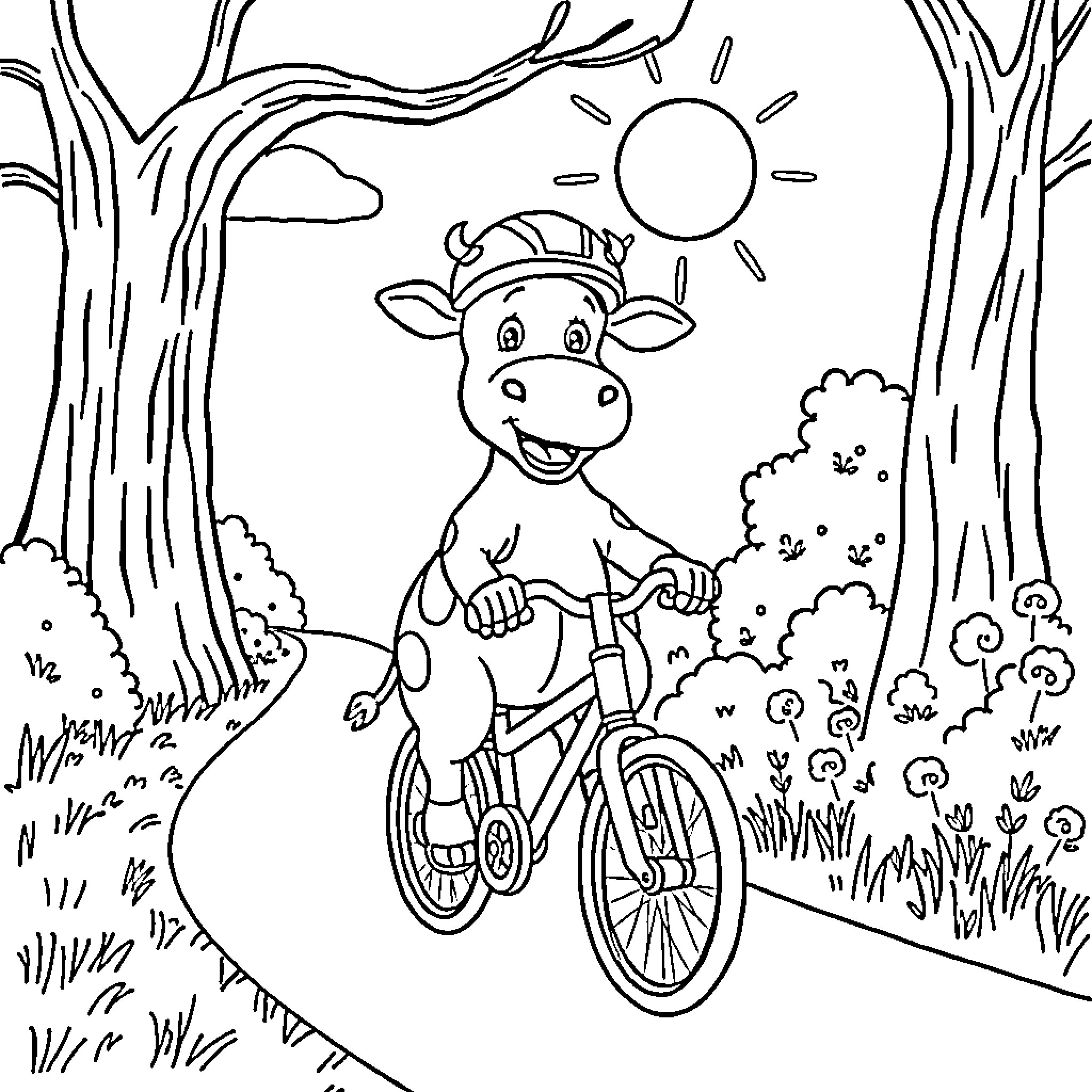 Cow riding a bicycle in nature Coloring Page (free black-and-white line drawing printable PDF for all, from beginners to advanced learners, including children, teens, adults, and seniors)