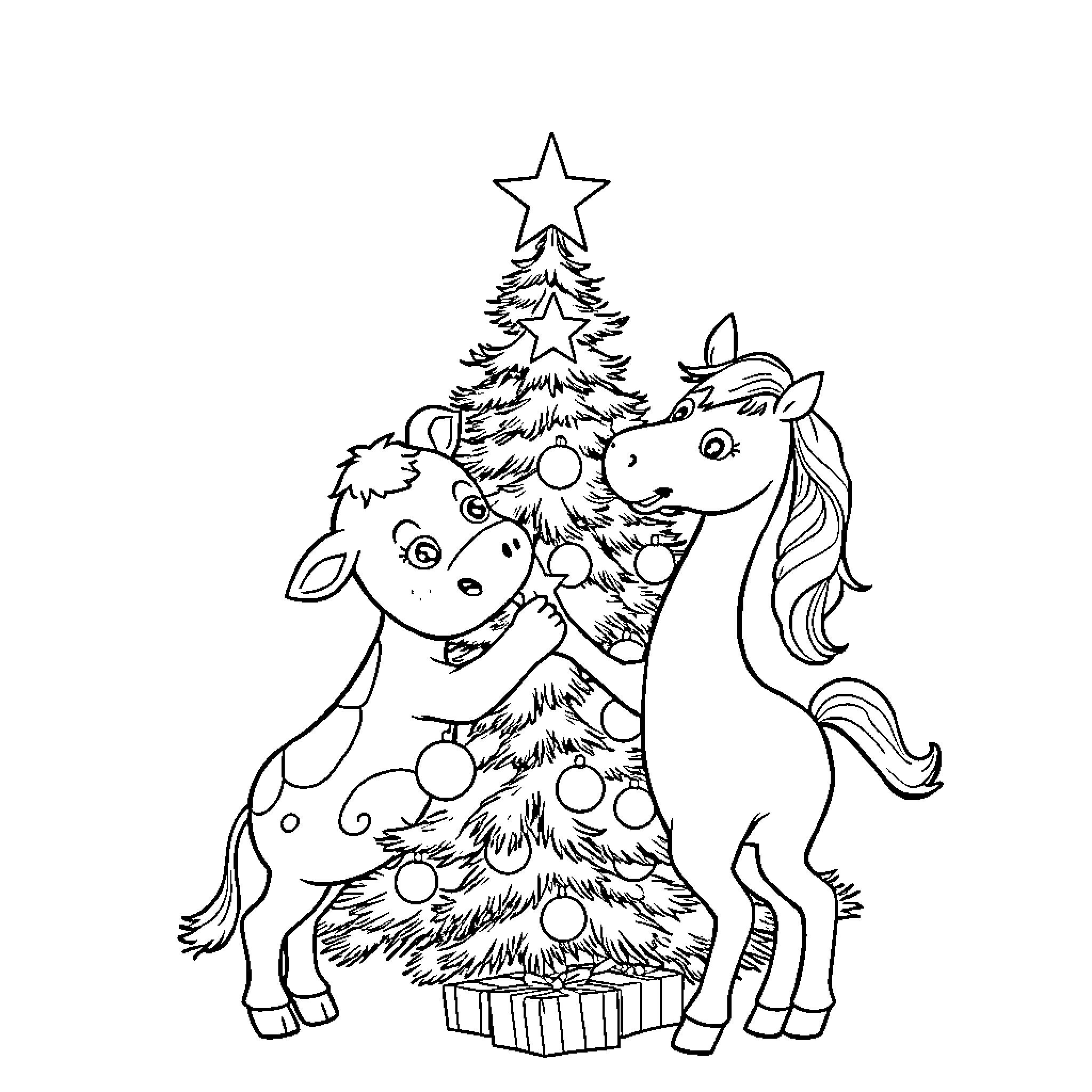 Baby Animal Friends Decorating Christmas Tree Coloring Page (free black-and-white line drawing printable PDF for all, from beginners to advanced learners, including children, teens, adults, and seniors)
