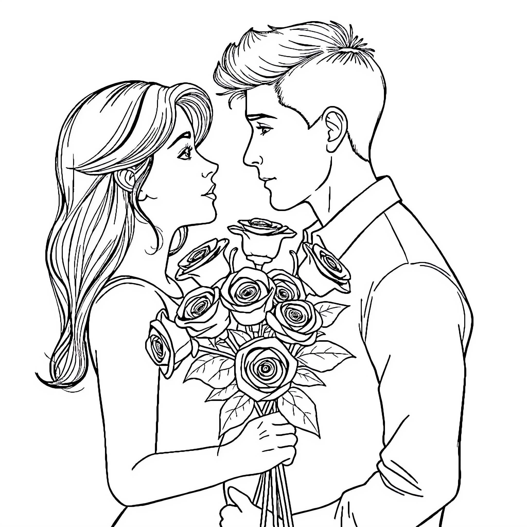 Couple embracing tenderly with rose bouquet Coloring Page (free black-and-white line drawing printable PDF for all, from beginners to advanced learners, including children, teens, adults, and seniors)