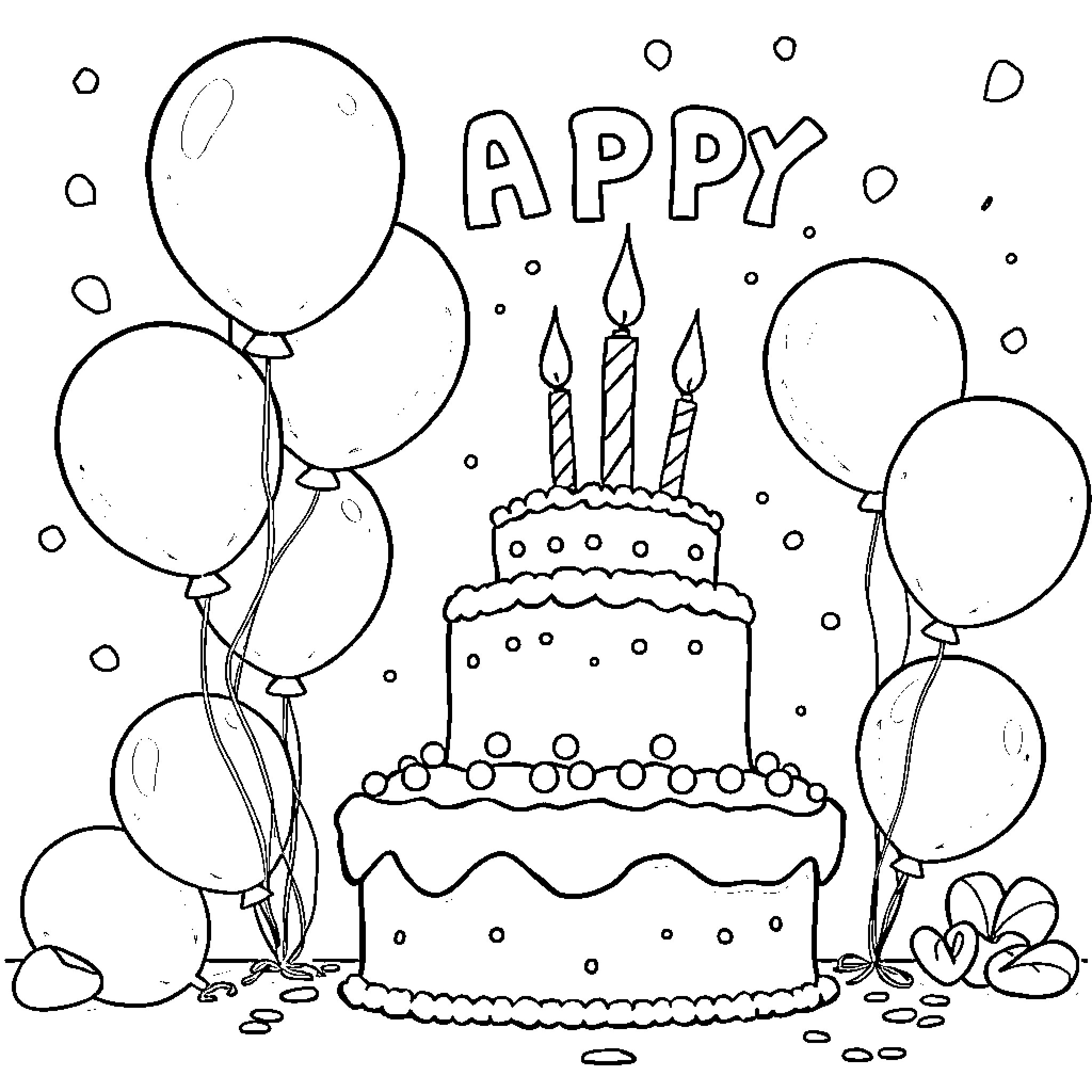 Surprise birthday celebration with cake and balloons Coloring Page (free black-and-white line drawing printable PDF for all, from beginners to advanced learners, including children, teens, adults, and seniors)