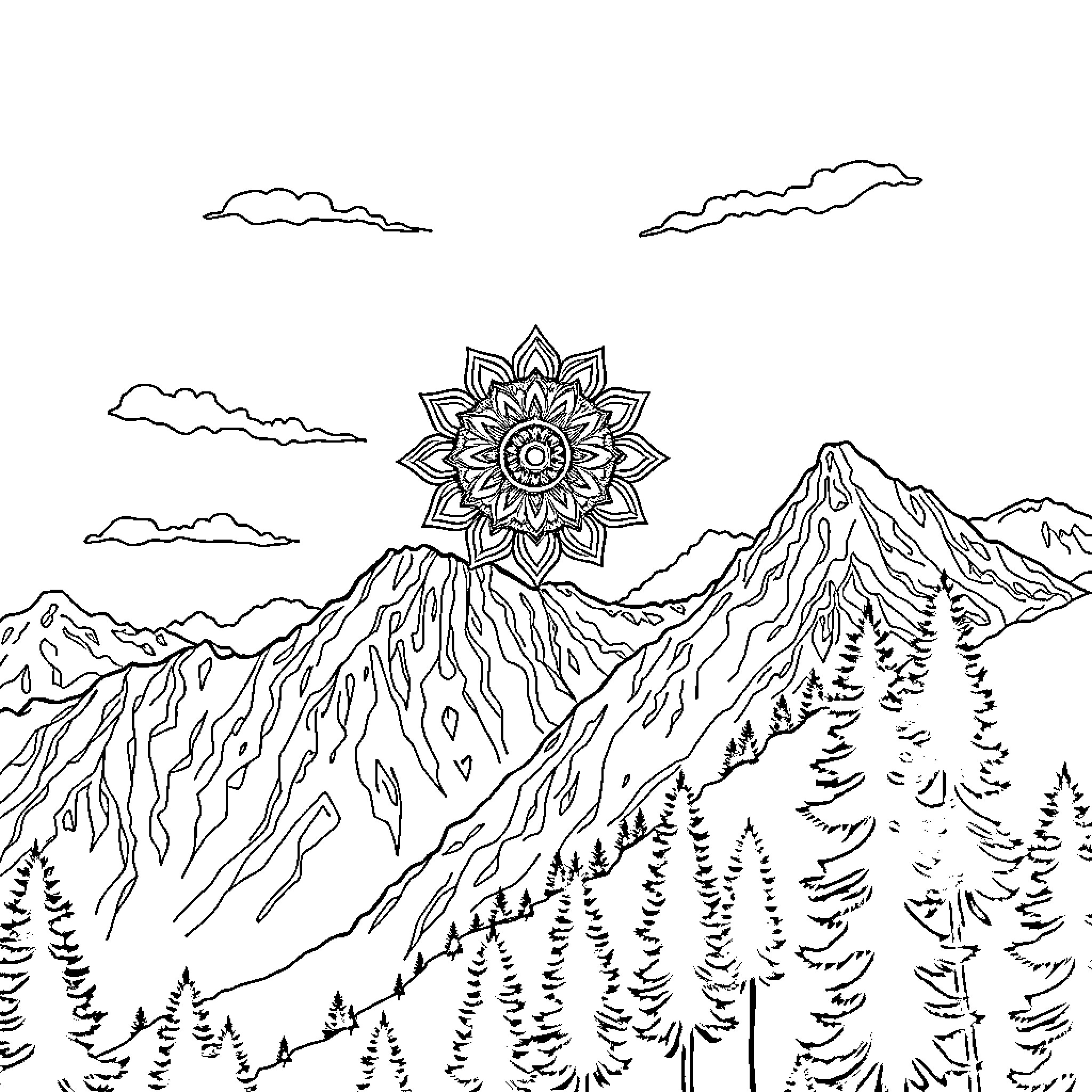 Mandala Mountain Landscape with Pines Coloring Page (free black-and-white line drawing printable PDF for all, from beginners to advanced learners, including children, teens, adults, and seniors)