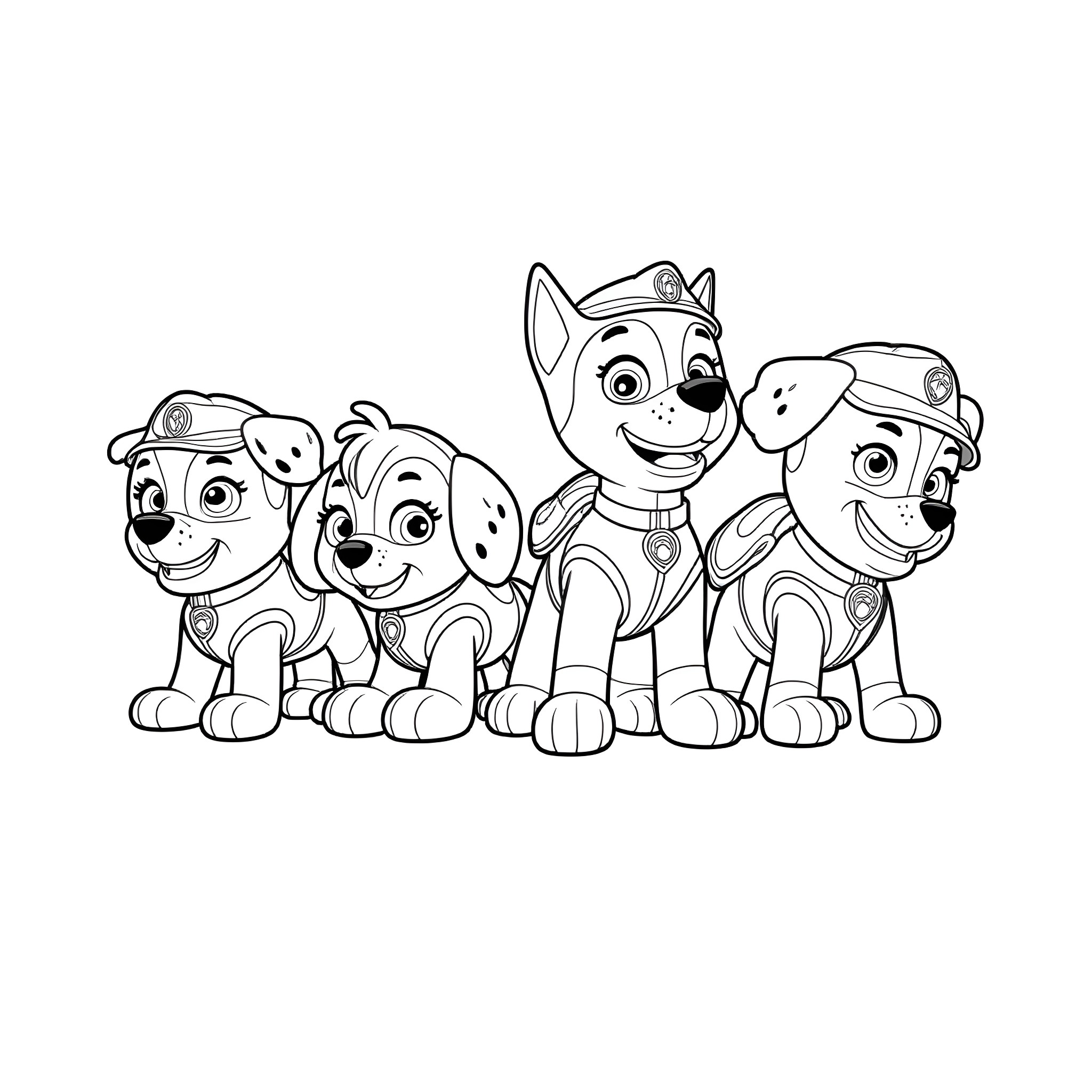 Paw Patrol characters in action poses Coloring Page (free black-and-white line drawing printable PDF for all, from beginners to advanced learners, including children, teens, adults, and seniors)