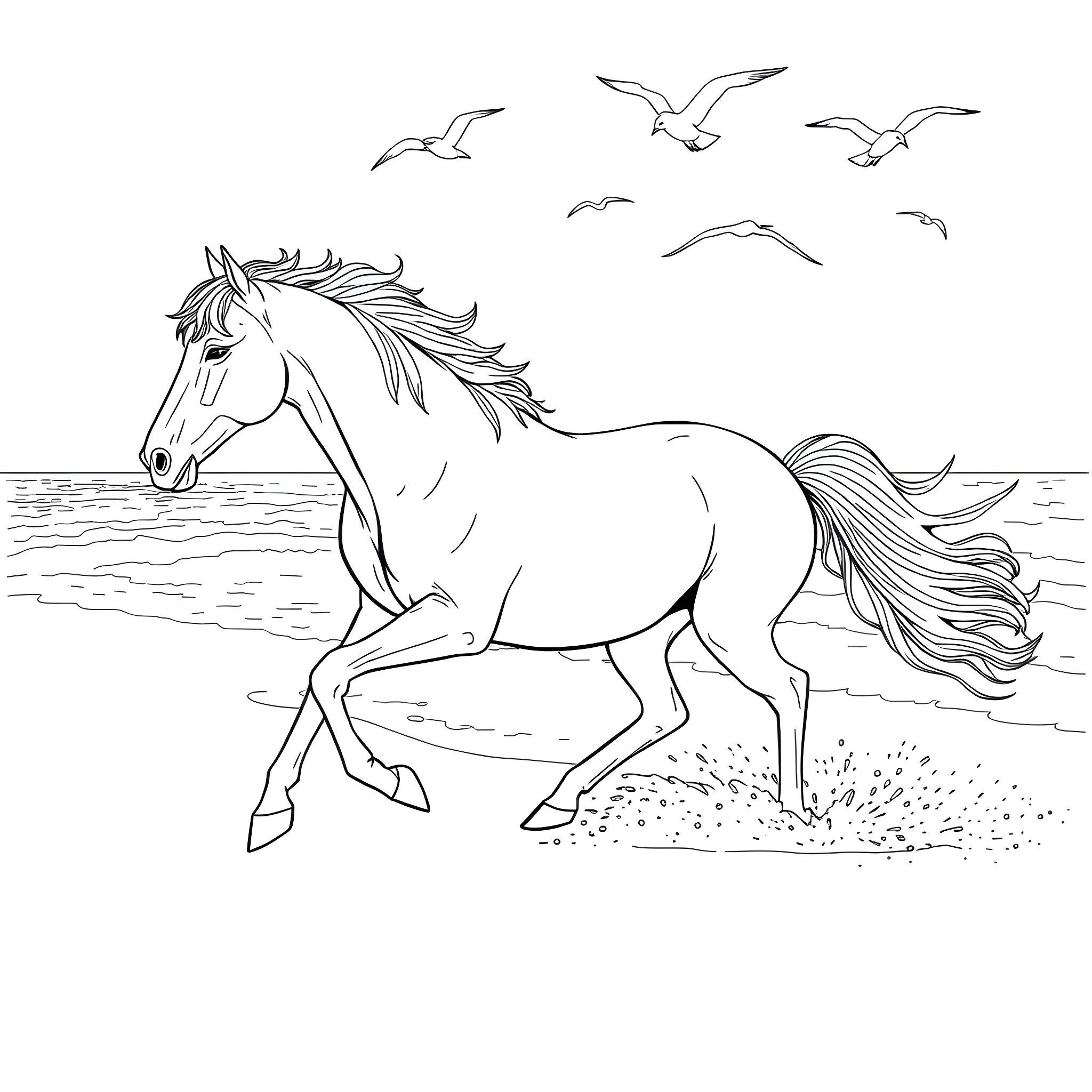 Horse running freely on the beach with seagulls Coloring Page (free black-and-white line drawing printable PDF for all, from beginners to advanced learners, including children, teens, adults, and seniors)