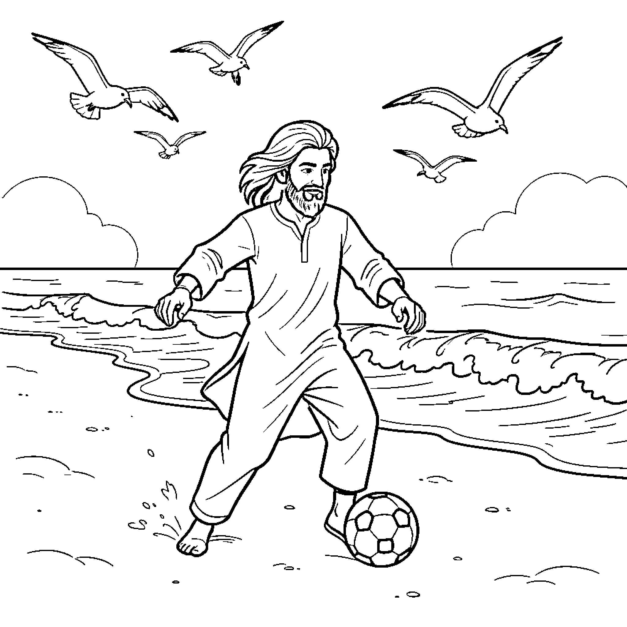 Rumi playing soccer on a beach with seagulls Coloring Page (free black-and-white line drawing printable PDF for all, from beginners to advanced learners, including children, teens, adults, and seniors)