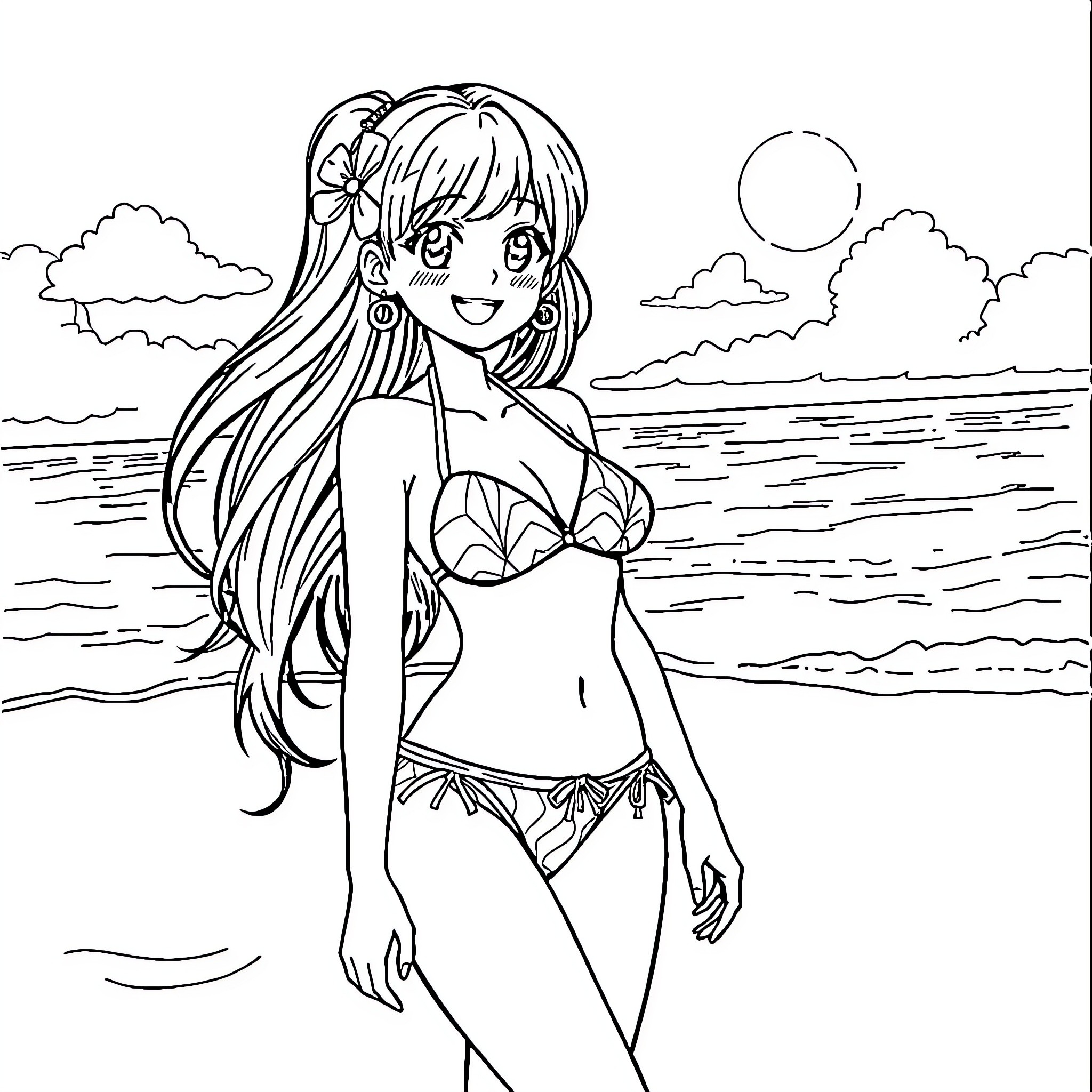 Anime Girl Enjoying the Beach Coloring Page (free black-and-white line drawing printable PDF for all, from beginners to advanced learners, including children, teens, adults, and seniors)