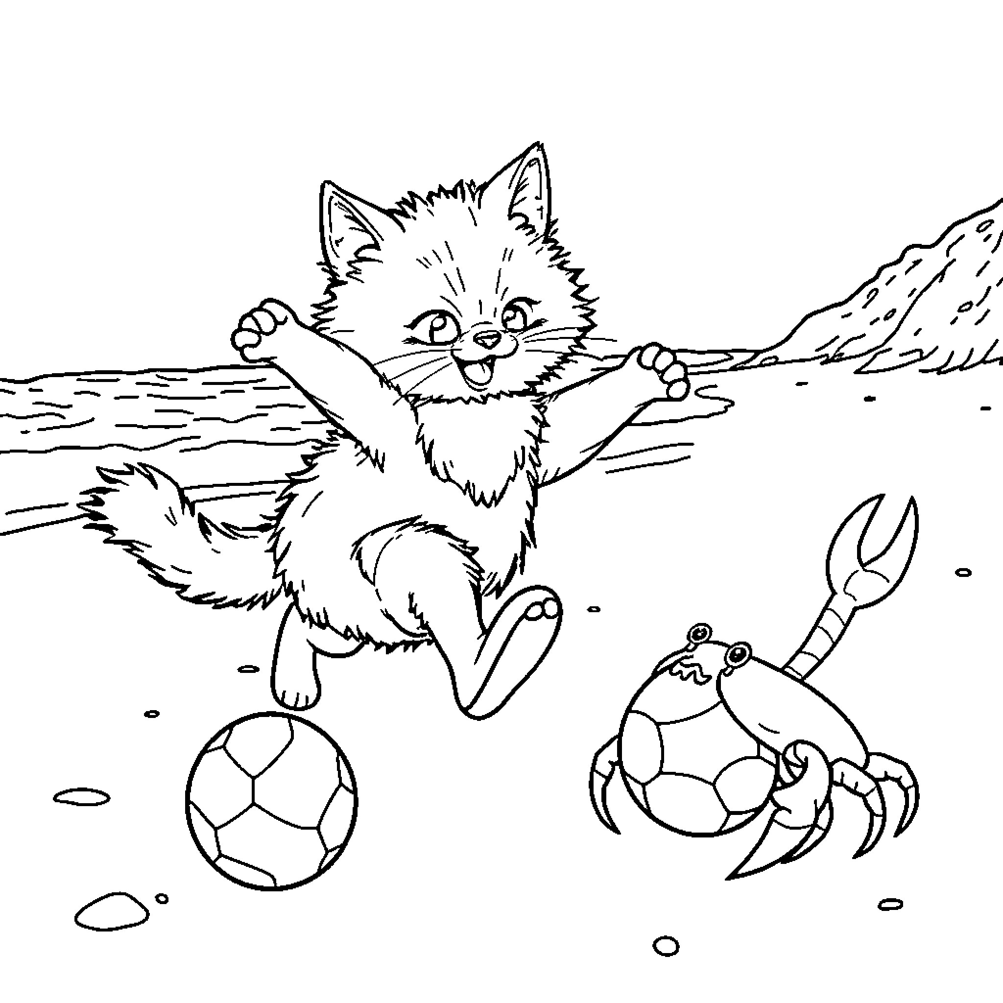 Cat playing joyfully with soccer ball and crab Coloring Page (free black-and-white line drawing printable PDF for all, from beginners to advanced learners, including children, teens, adults, and seniors)