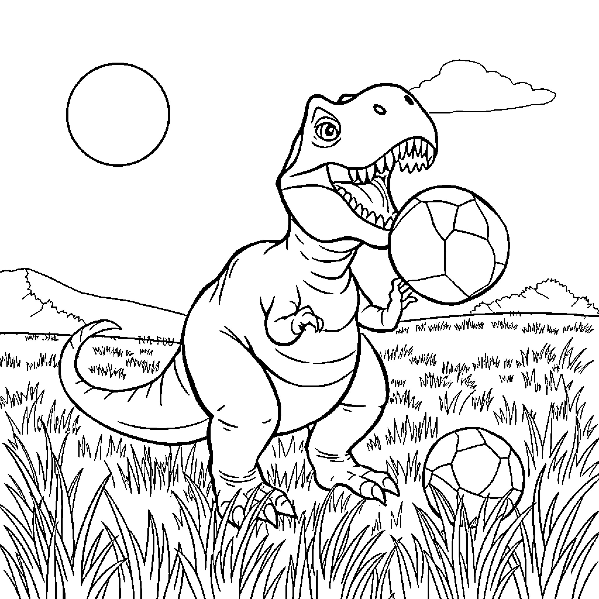 T-Rex Playing with Soccer Balls in Grassy Field Coloring Page (free black-and-white line drawing printable PDF for all, from beginners to advanced learners, including children, teens, adults, and seniors)