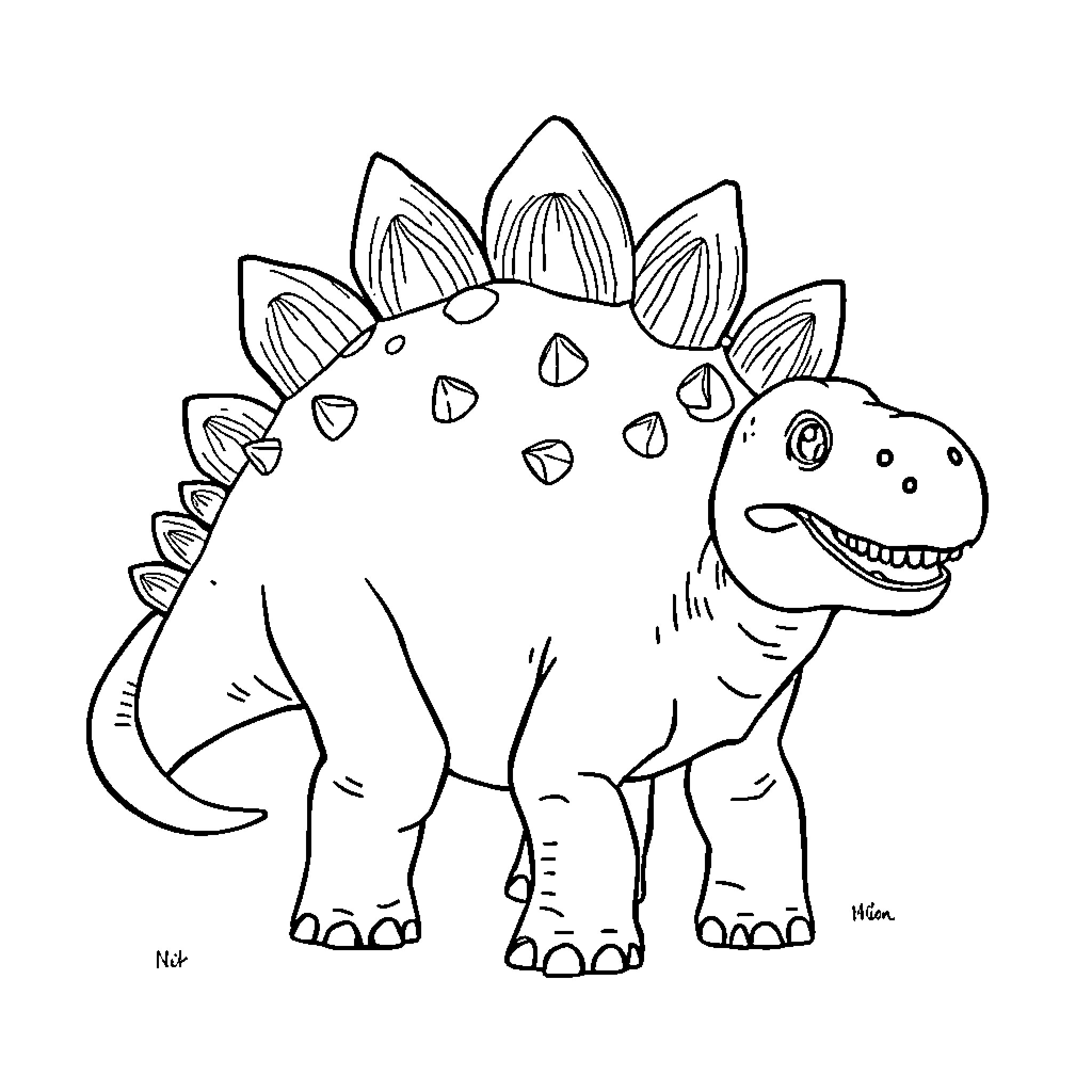 Steg dinosaur with spines exploring the scene Coloring Page (free black-and-white line drawing printable PDF for all, from beginners to advanced learners, including children, teens, adults, and seniors)