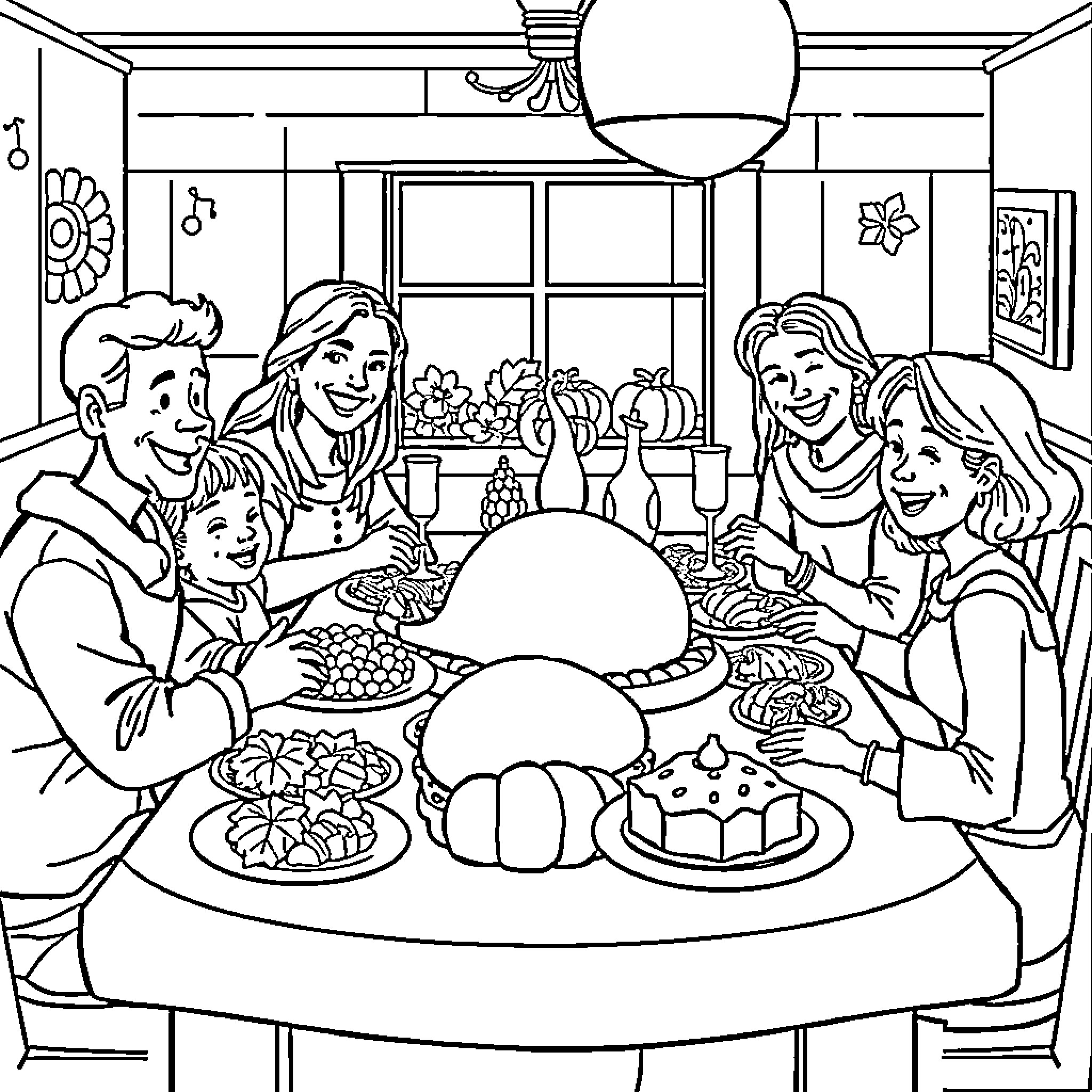 Family Enjoying a Festive Meal Together Coloring Page (free black-and-white line drawing printable PDF for all, from beginners to advanced learners, including children, teens, adults, and seniors)