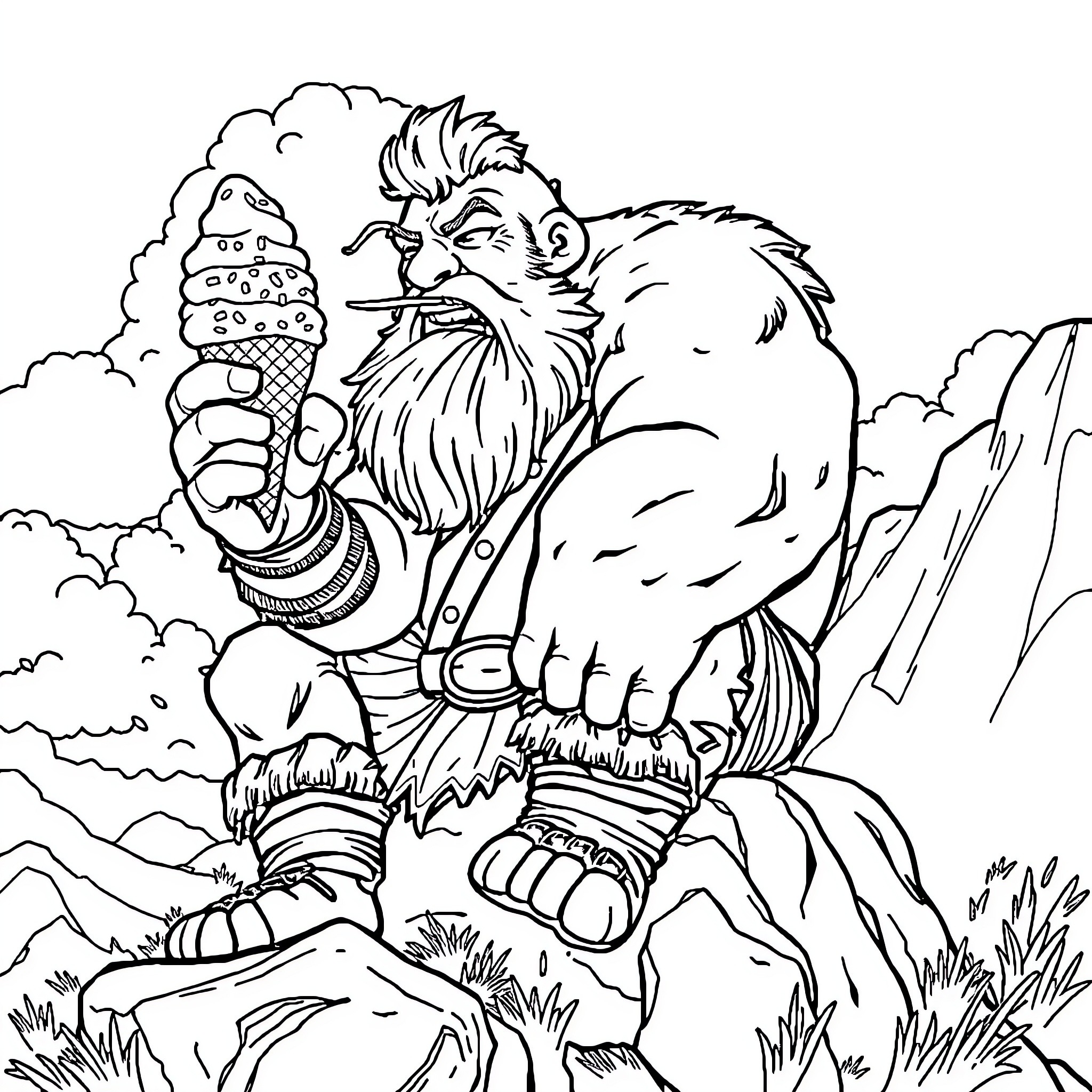 Barbarian warrior enjoying a frozen treat in the wild Coloring Page (free black-and-white line drawing printable PDF for all, from beginners to advanced learners, including children, teens, adults, and seniors)