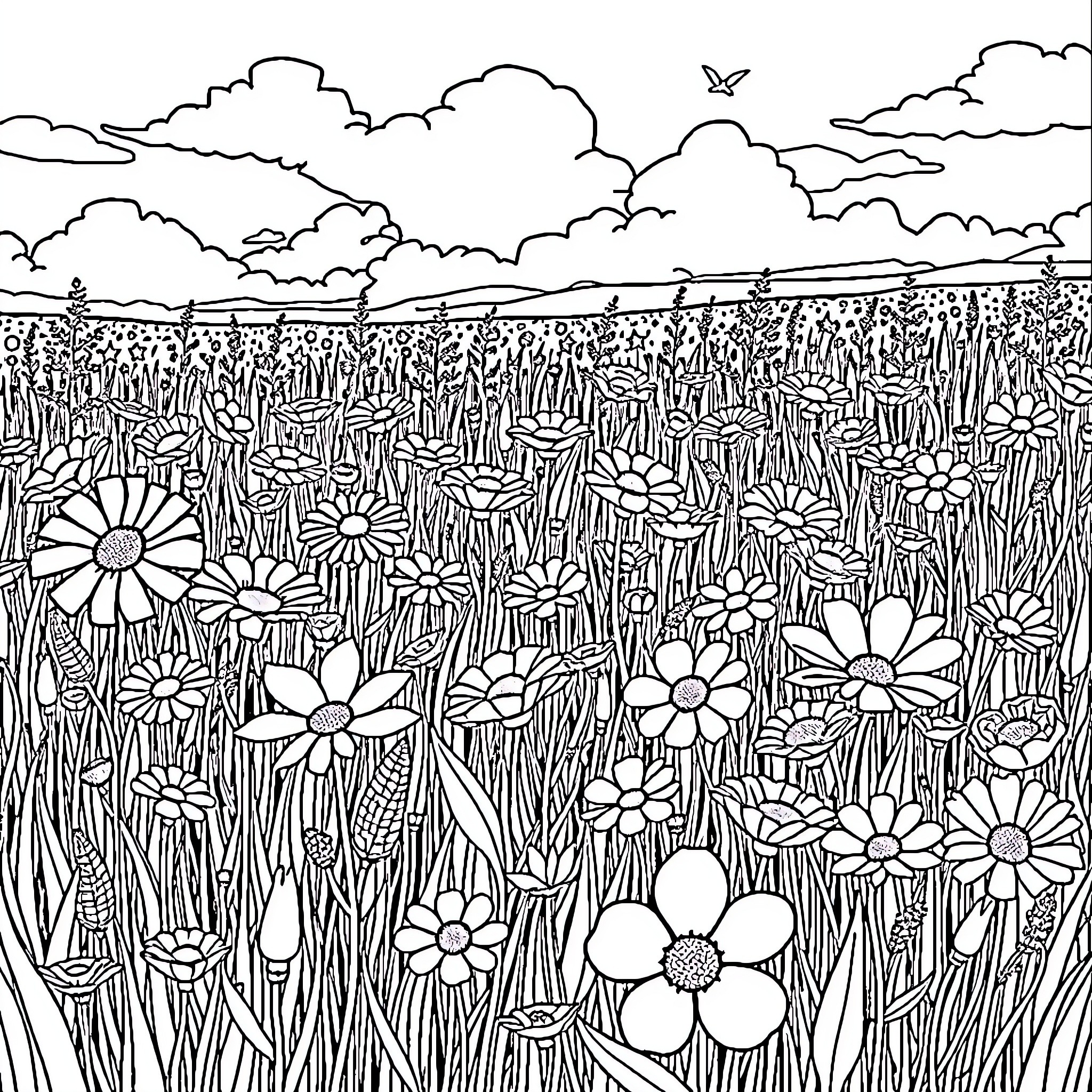 Wildflower field under a cloudy sky Coloring Page (free black-and-white line drawing printable PDF for all, from beginners to advanced learners, including children, teens, adults, and seniors)