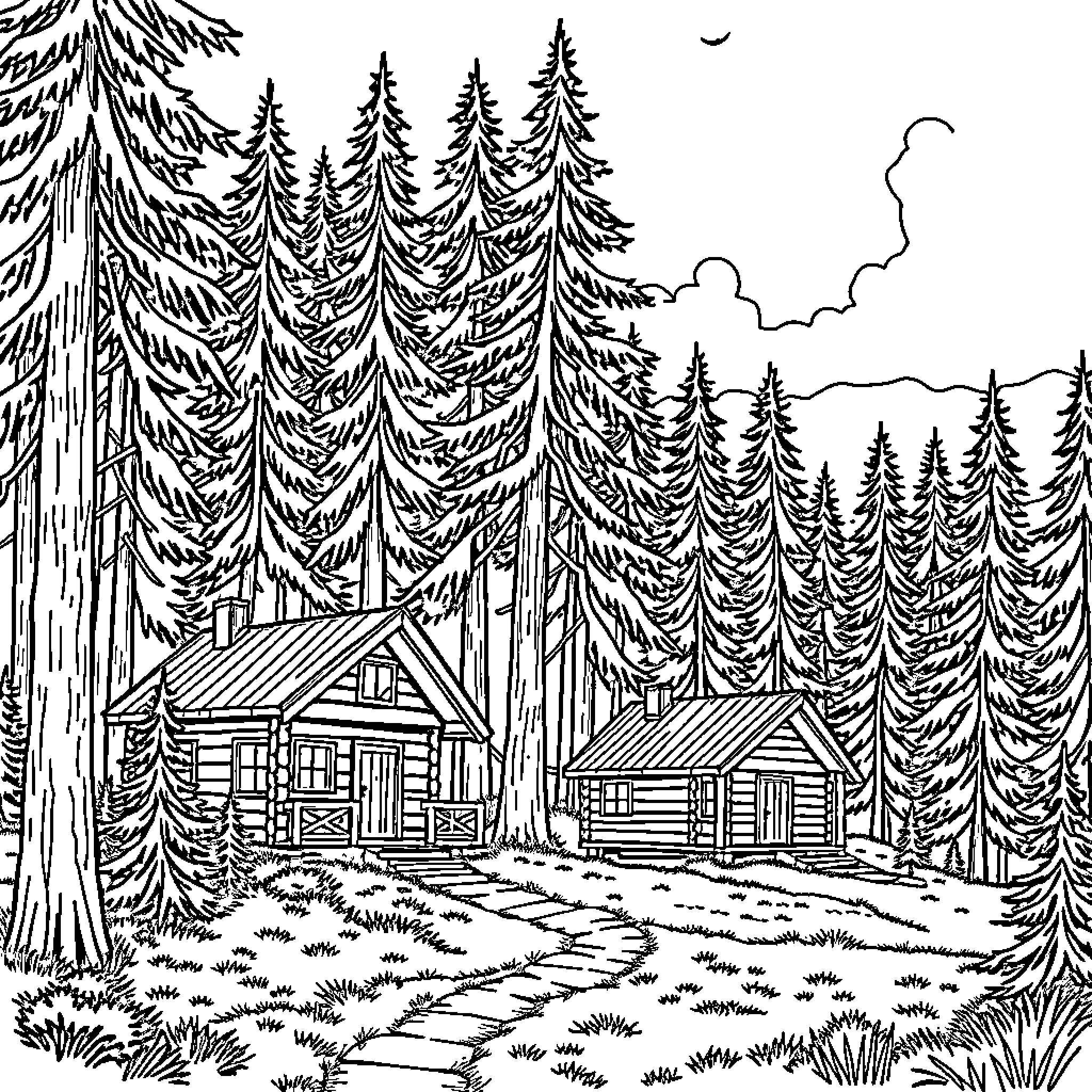 Cabin in the Wooded Landscape Coloring Page (free black-and-white line drawing printable PDF for all, from beginners to advanced learners, including children, teens, adults, and seniors)