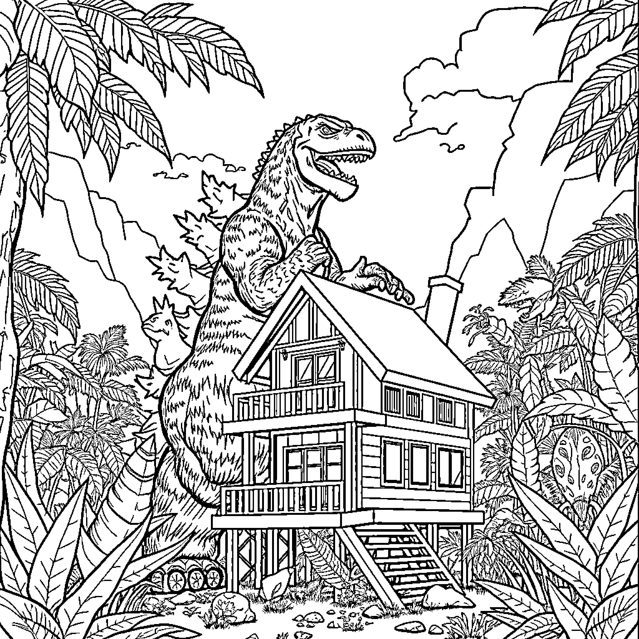 Godzilla exploring the jungle and a cabin Coloring Page (free black-and-white line drawing printable PDF for all, from beginners to advanced learners, including children, teens, adults, and seniors)