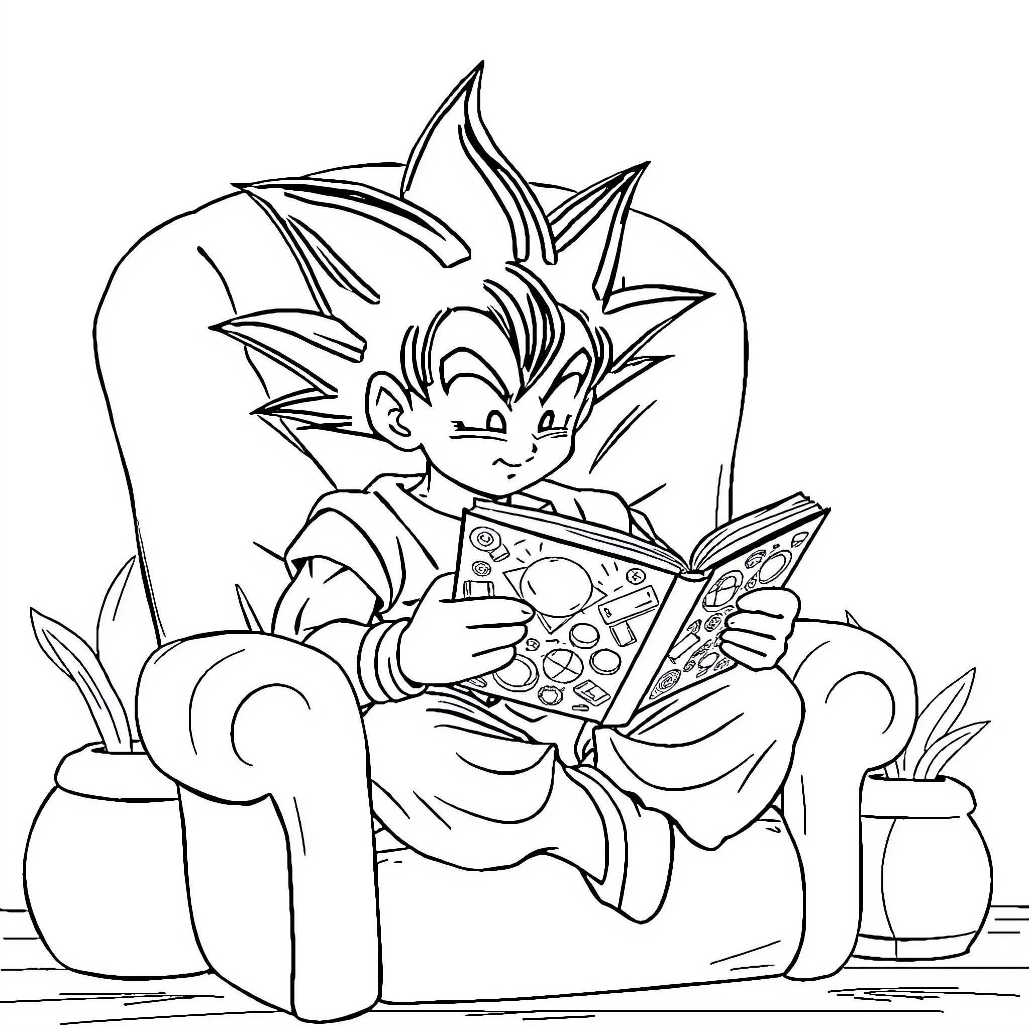 Dragon Ball Z Character Reading a Book Coloring Page (free black-and-white line drawing printable PDF for all, from beginners to advanced learners, including children, teens, adults, and seniors)
