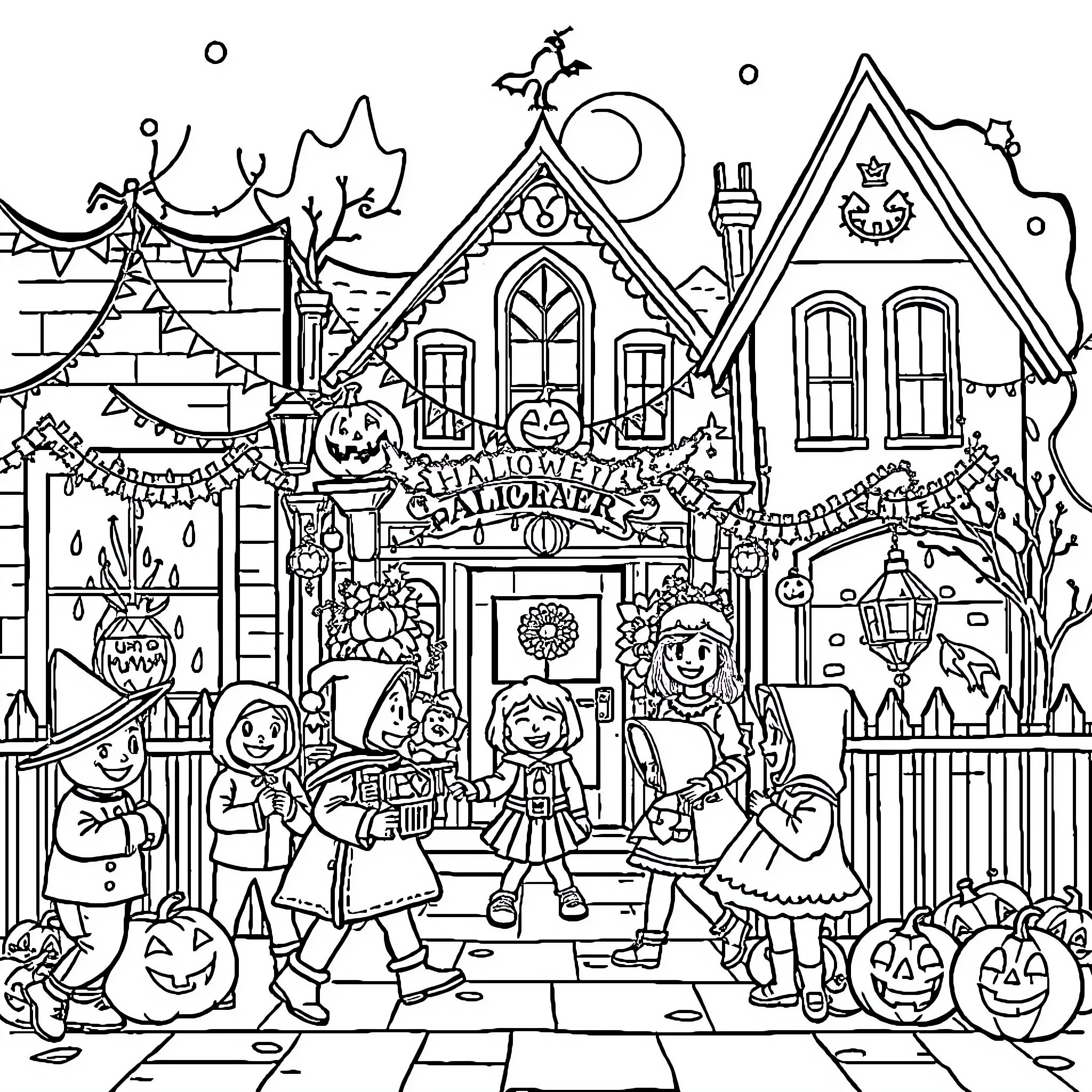 Salem Halloween Festival with Festive Decorations and Costumed Residents Coloring Page (free black-and-white line drawing printable PDF for all, from beginners to advanced learners, including children, teens, adults, and seniors)