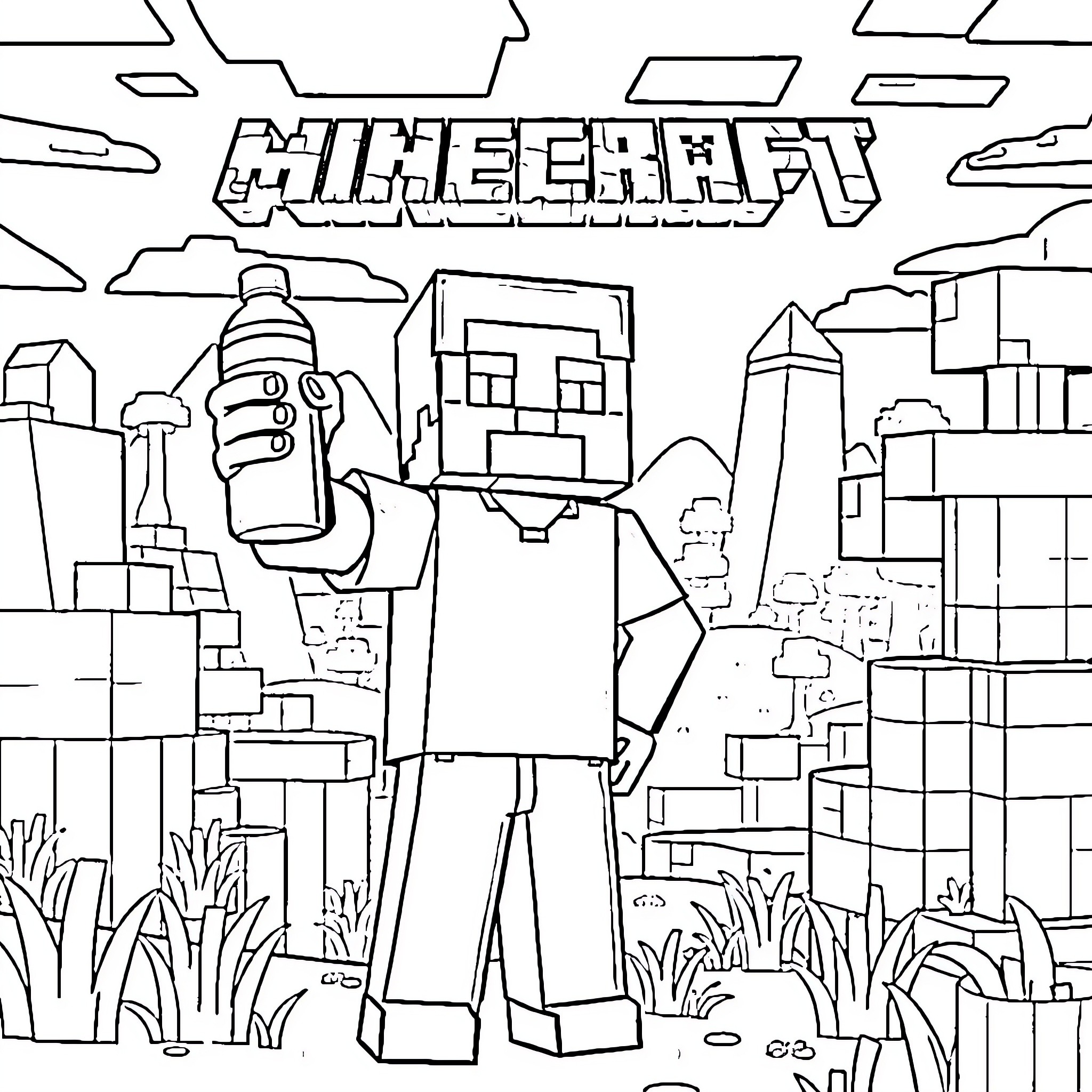 Steve exploring the pixelated world of Minecraft Coloring Page (free black-and-white line drawing printable PDF for all, from beginners to advanced learners, including children, teens, adults, and seniors)