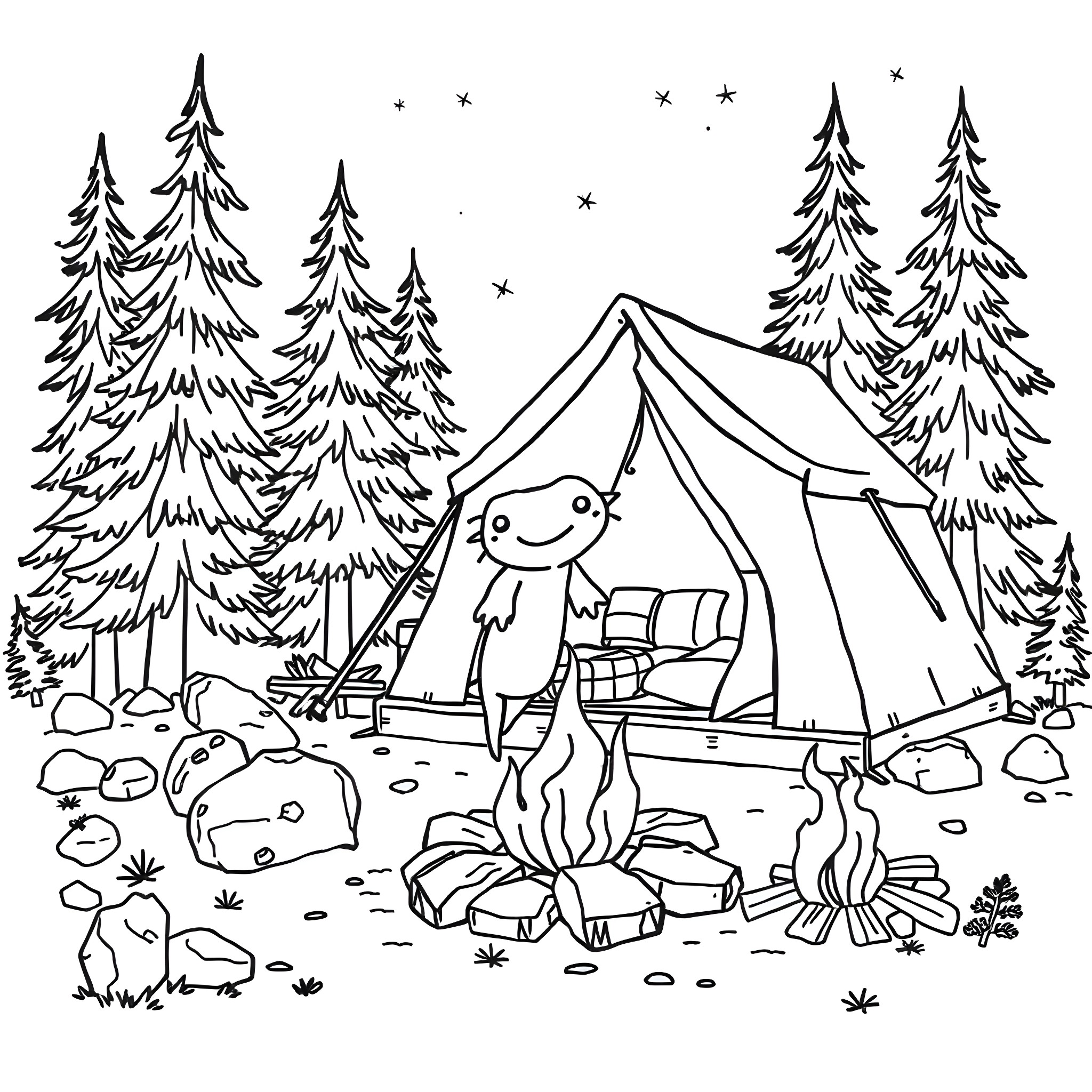 Axolotl camping in the forest Coloring Page (free black-and-white line drawing printable PDF for all, from beginners to advanced learners, including children, teens, adults, and seniors)