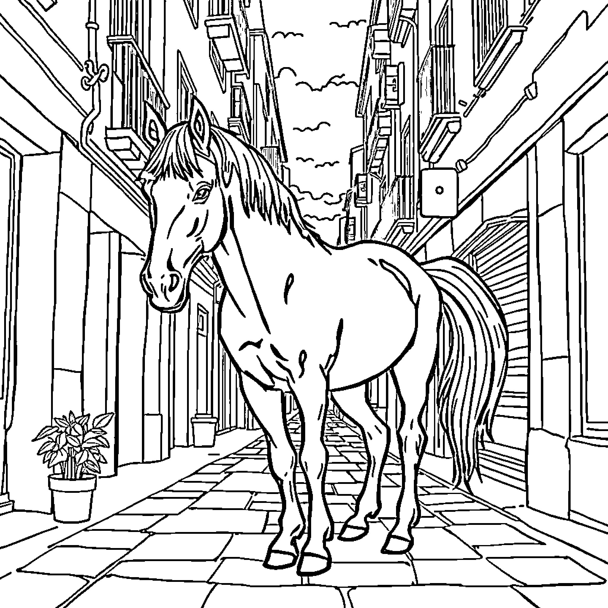 Horse exploring the urban alleyway Coloring Page (free black-and-white line drawing printable PDF for all, from beginners to advanced learners, including children, teens, adults, and seniors)