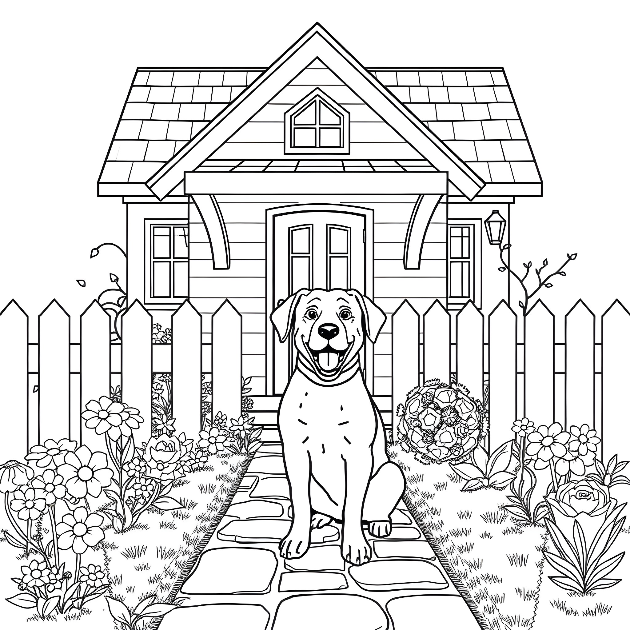 Dog sitting in a garden with a house Coloring Page (free black-and-white line drawing printable PDF for all, from beginners to advanced learners, including children, teens, adults, and seniors)