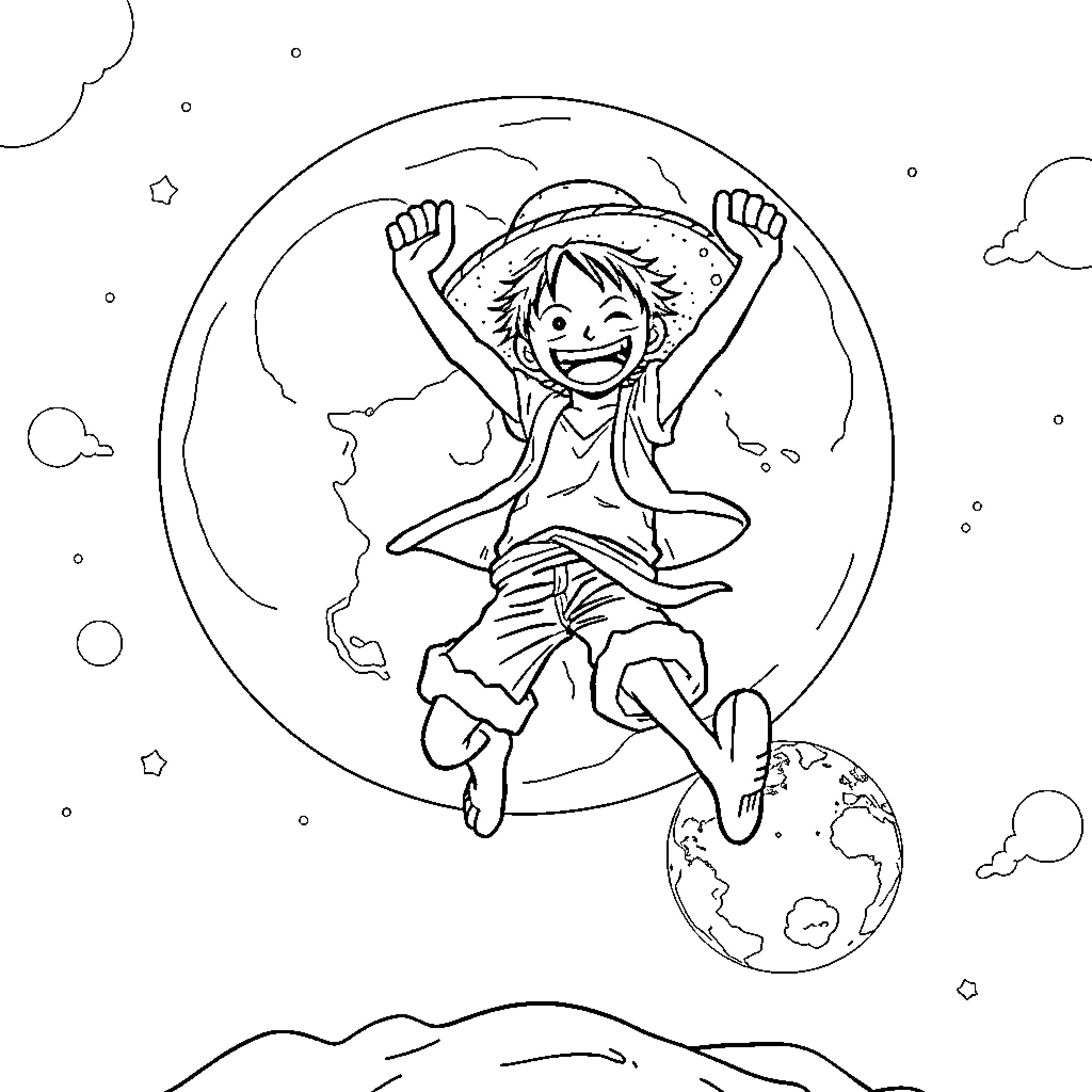 Luffy joyfully embracing the world Coloring Page (free black-and-white line drawing printable PDF for all, from beginners to advanced learners, including children, teens, adults, and seniors)